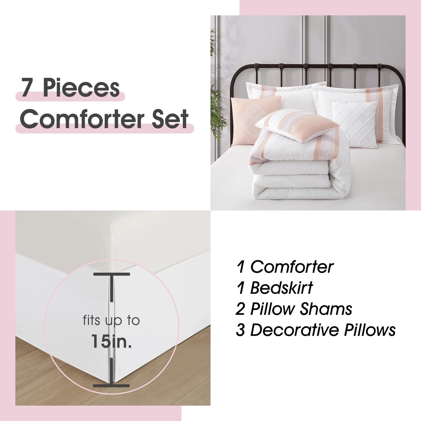 LANCO MODERN LIFESTYLE 7 Piece Comforter Set, Pink White, Queen Size, Boho Style Geometric Microfiber Embroidery, Bed in a Bag with Bedskirt, Pillow Shams and Decor Pillows