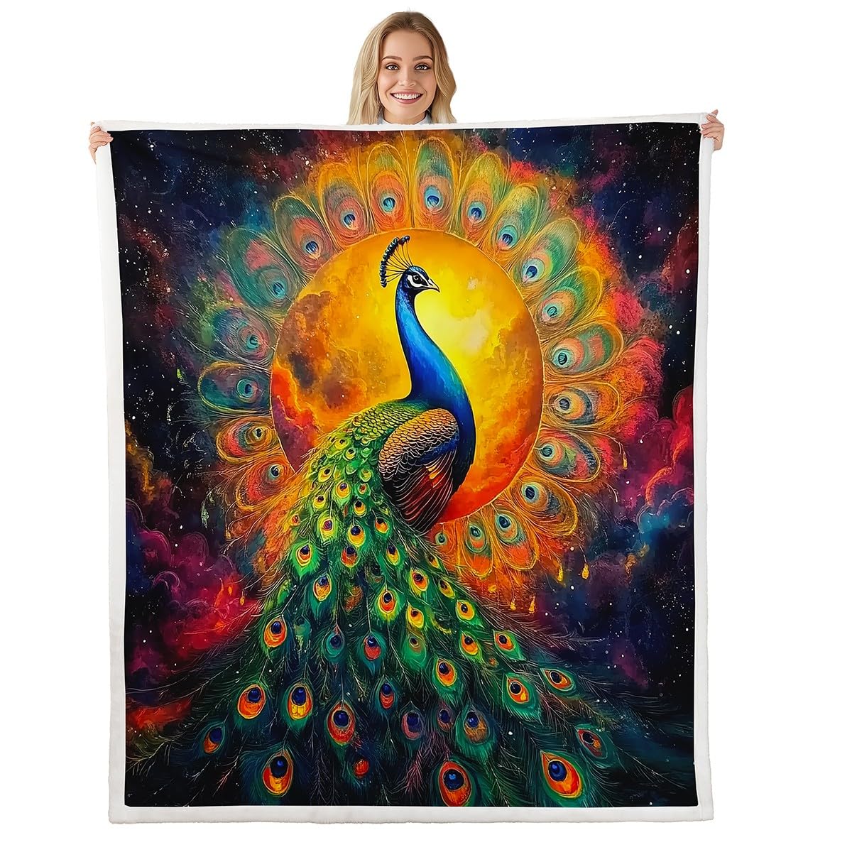 Erosebridal Peacock Fleece Blanket Watercolor Peahen Feather Sherpa Blanket 90"x90", Jungle Woodland Animals Rustic Aesthetic Animal Fuzzy Plush Throw