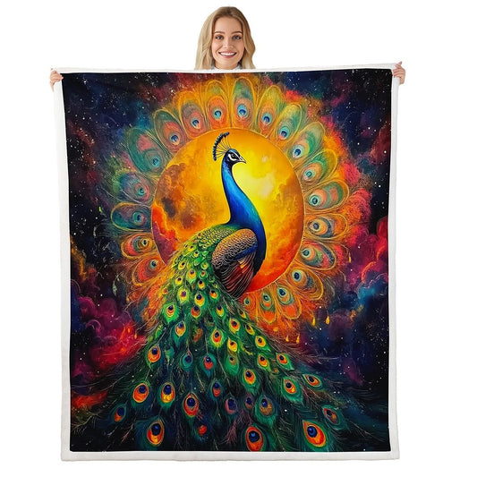 Erosebridal Peacock Fleece Blanket Watercolor Peahen Feather Sherpa Blanket 90"x90", Jungle Woodland Animals Rustic Aesthetic Animal Fuzzy Plush Throw