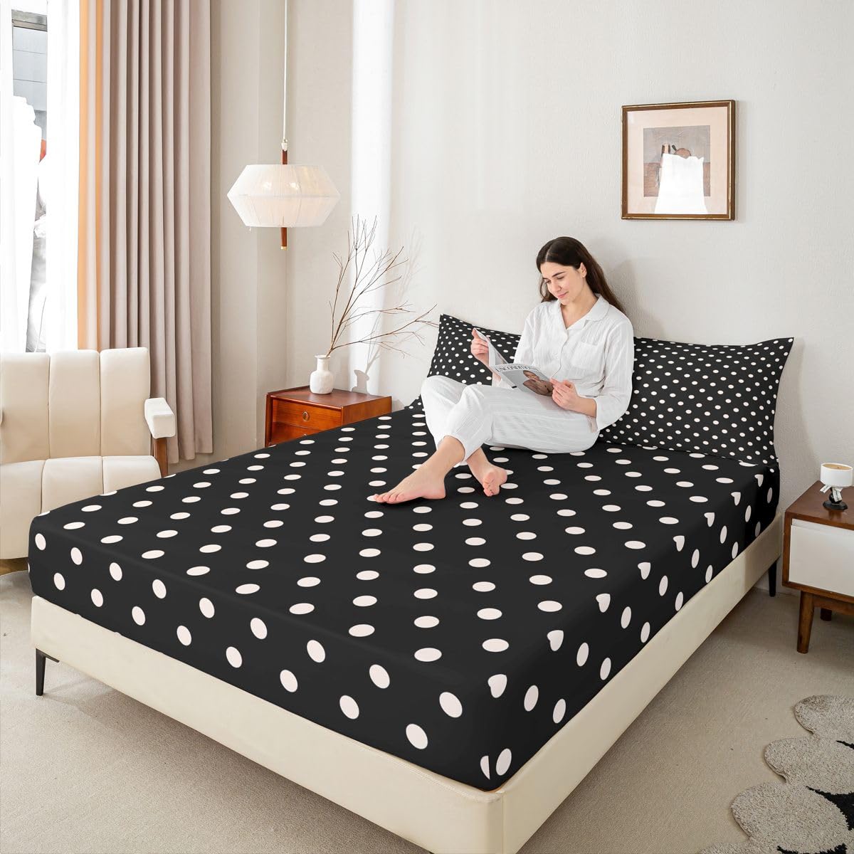 jejeloiu Black White Polka Dot Fitted Sheet Full Size for Kids Boys Girls Retro Cute Polka Dot Bed Sheets Set 16" Deep Pocket Soft Breathable Geometric Bedding with 2 Pillowcases Luxury Room Decor