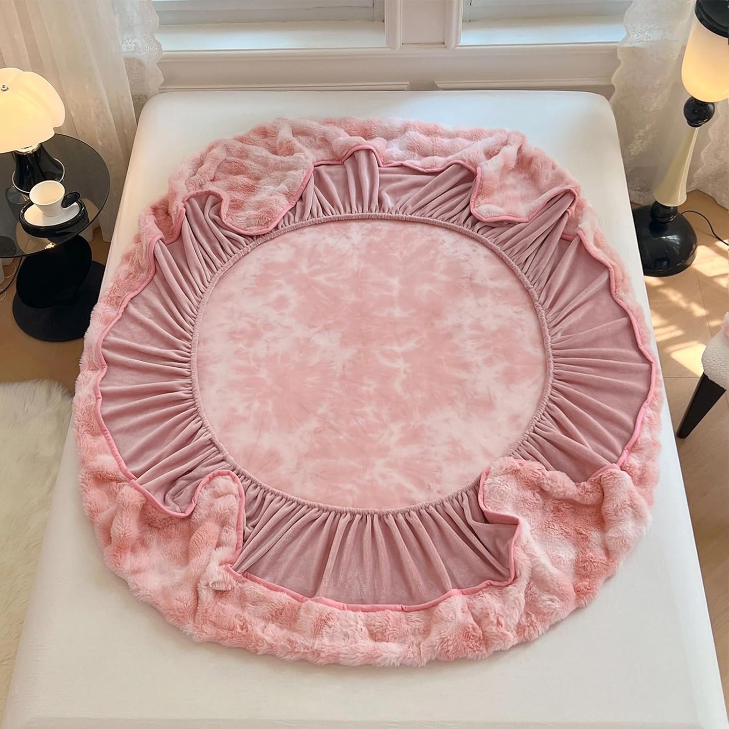 Plush Shaggy Fitted Sheet Full Size-Velvet Fitted Sheet Faux Fur Bottom Sheet with 15" Deep Pocket, Flannel Warm Tie Dyed Mattress Cover,No Pillowcases,Pink