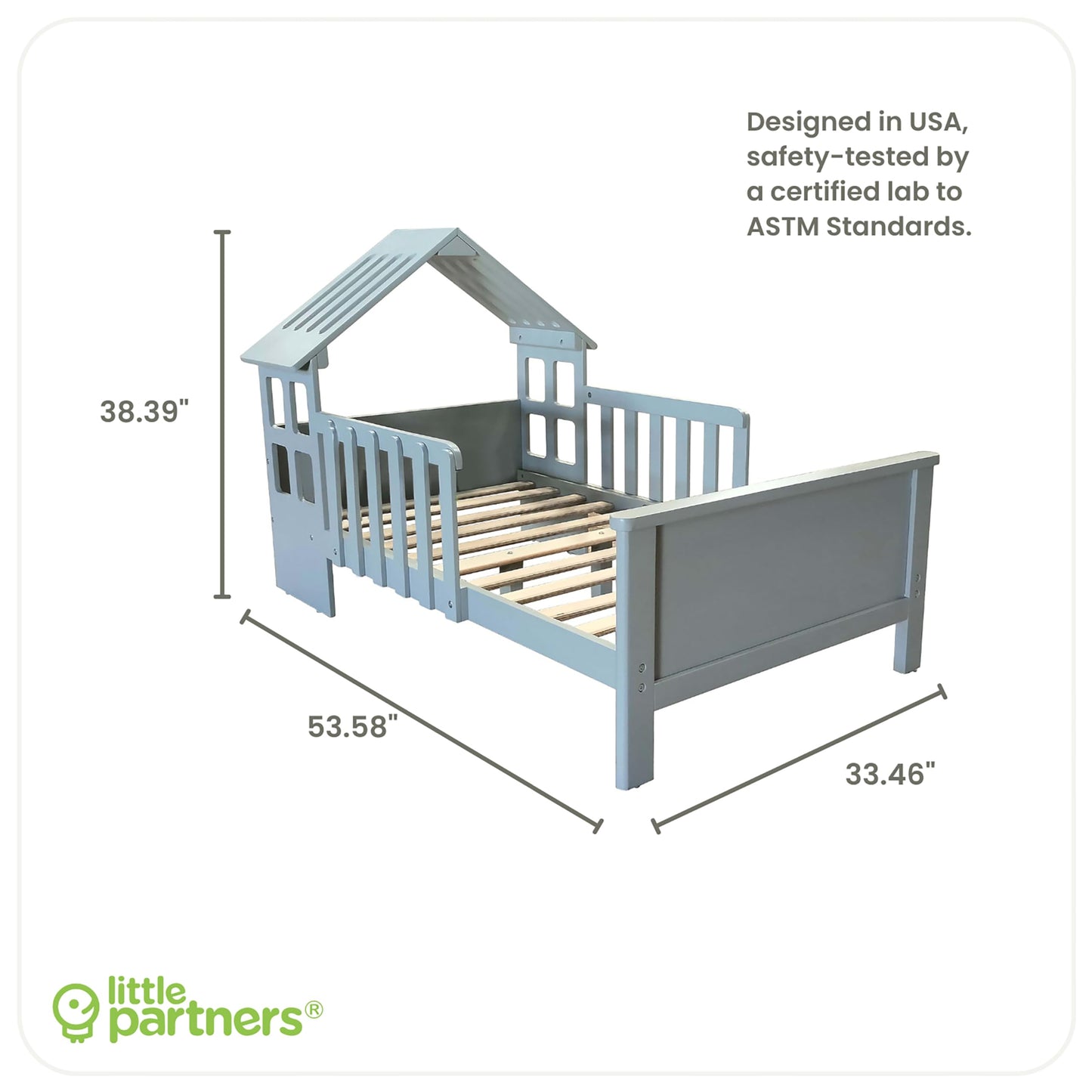 Little Partners Lil' House Toddler Bed, Solid Wood Home-Shaped Child's Bed Frame with Rails & Two Safety Guards, Fits Crib Size Mattress, Easy Access Low-to-Ground Modern Design (Silver Drop)