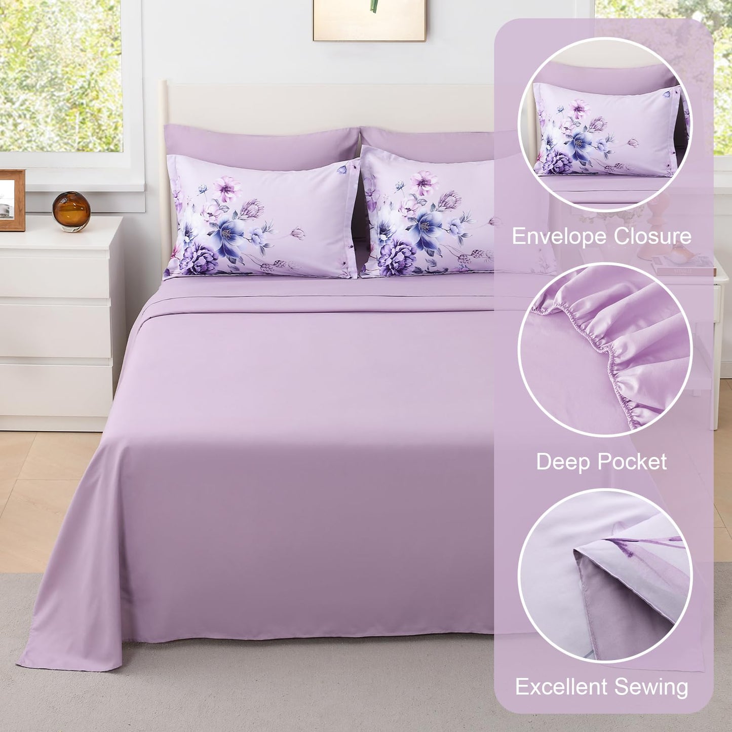 Floral Comforters Queen Size 7 Pieces Botanical Purple Flower Bed in a Bag Ulter Soft Microfiber Bedding Set, Lightweight Bed Comforter Set with Sheets for All Season (Purple, Queen)
