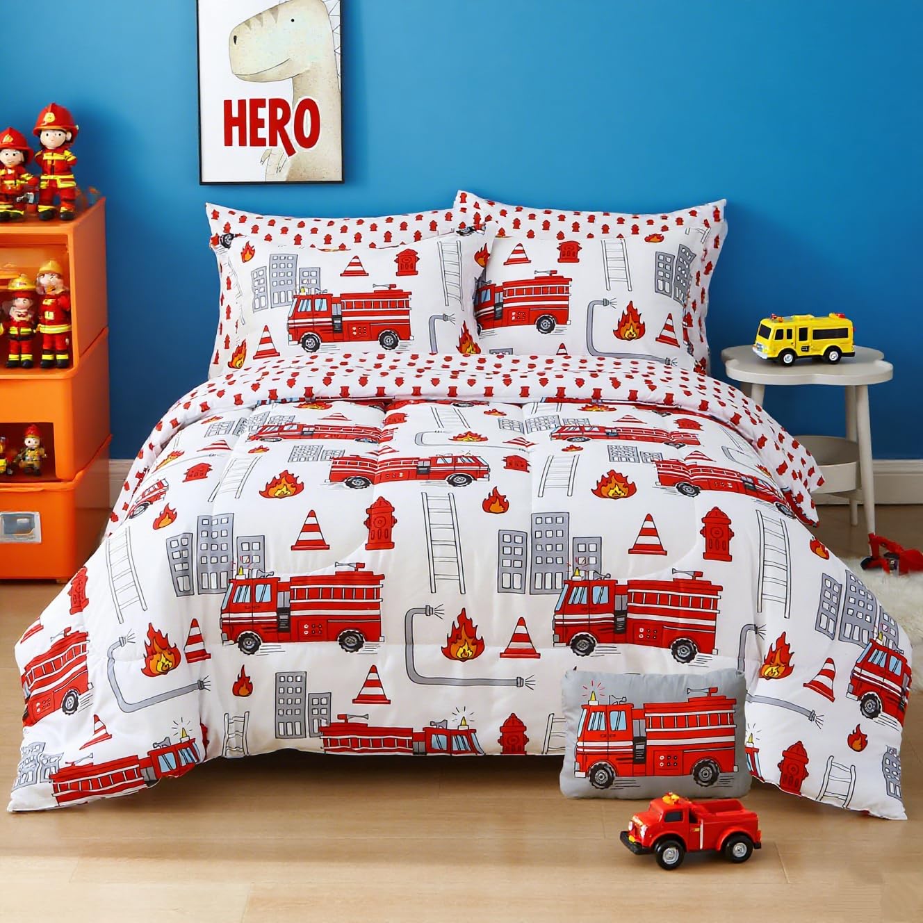 Mooreeke Kids Twin Comforter Sets for Boys 6 Pieces Fire Truck White Bedding Set for Teens Soft Microfiber Kids Bed in A Bag with Comforter, Sheet Set, Shams and Decorative Toy Pillow All Season