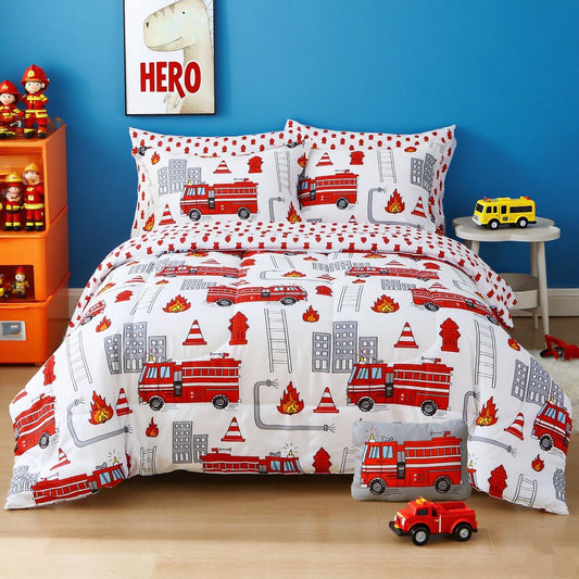 Mooreeke Kids Twin Comforter Sets for Boys 6 Pieces Fire Truck White Bedding Set for Teens Soft Microfiber Kids Bed in A Bag with Comforter, Sheet Set, Shams and Decorative Toy Pillow All Season
