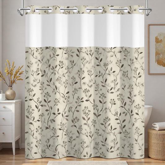 Xiazhilaio Beige Botanical Shower Curtain with Snap in Liner, 71x74 Inch