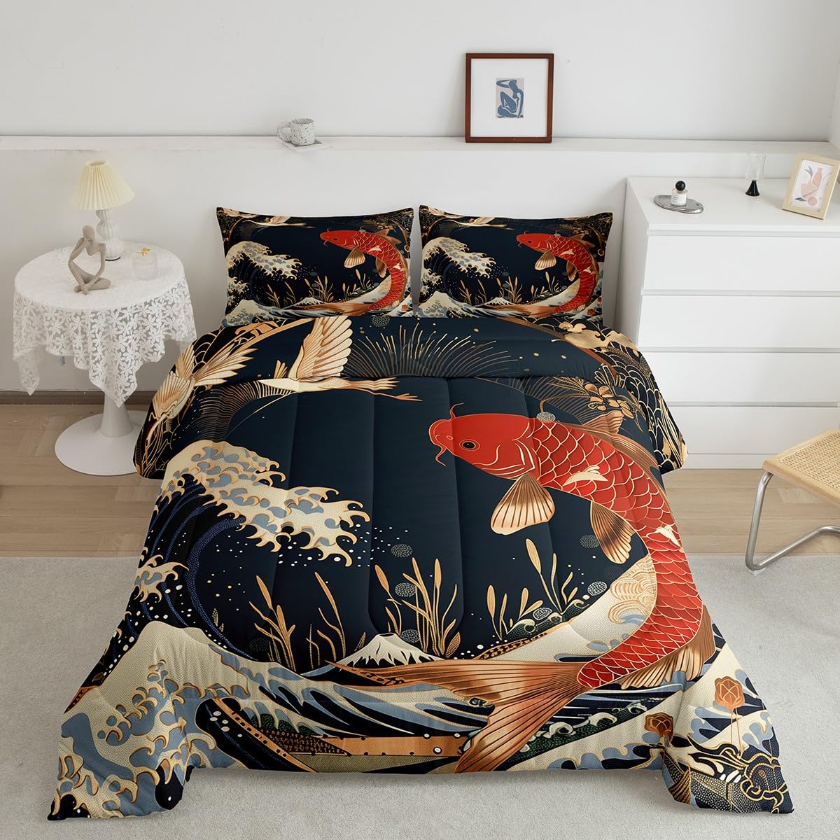 Erosebridal Red Koi Fish Bedding Full Size Oriental Crane Comforter Set Full, Japanese Ukiyo-E Duvet Insert Marine Sea Wave Quilt Comforter, Wild Animal Wildlife Bedding Comforters & Sets