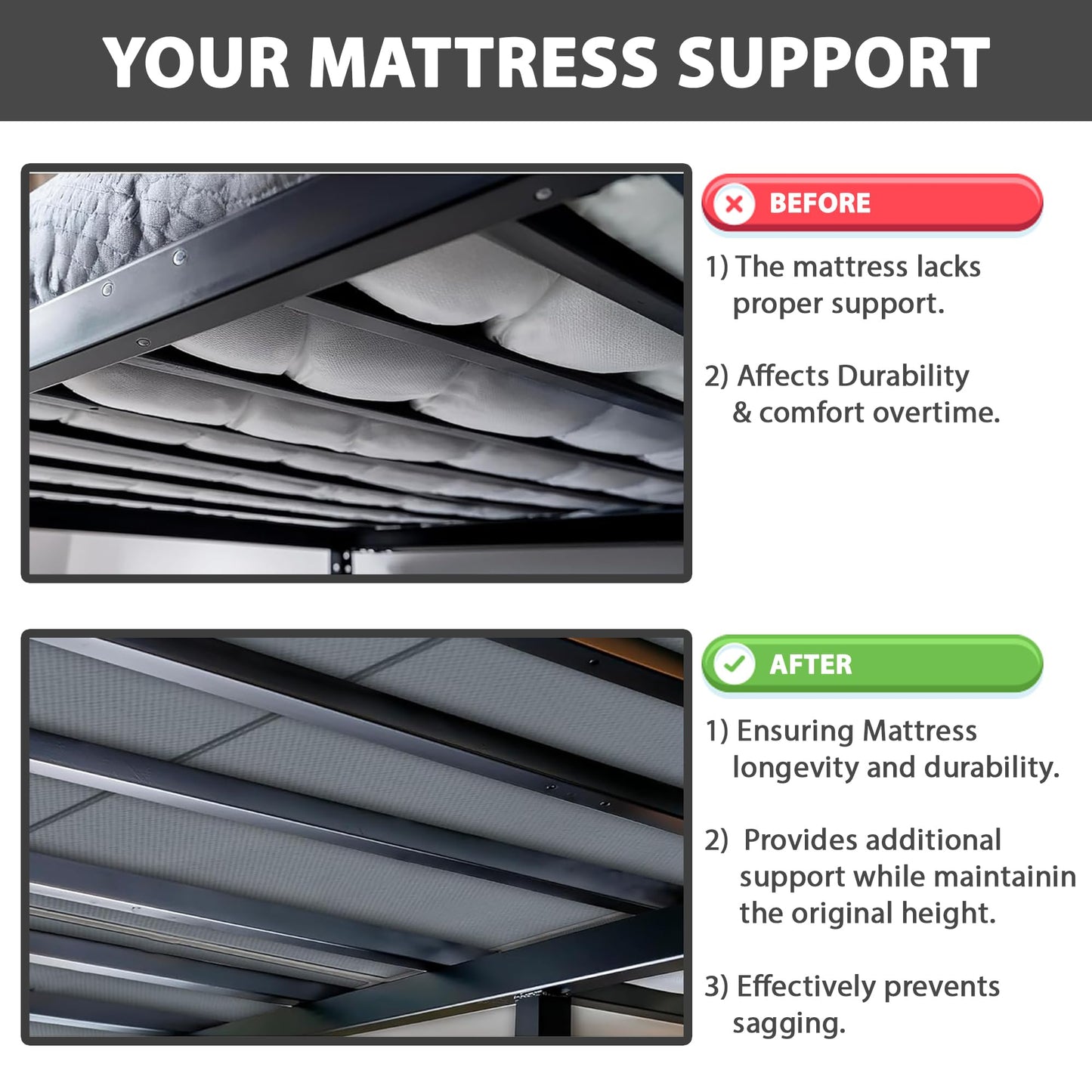 Nutan, 1.5" Split Wood Bunkie Board Full Size Bed-2-Piece Under Mattress Support, Fully Assembled, Fabric Ventilation Cover-Replaces Wooden Slats or Box Spring for Bed Frames, Grey
