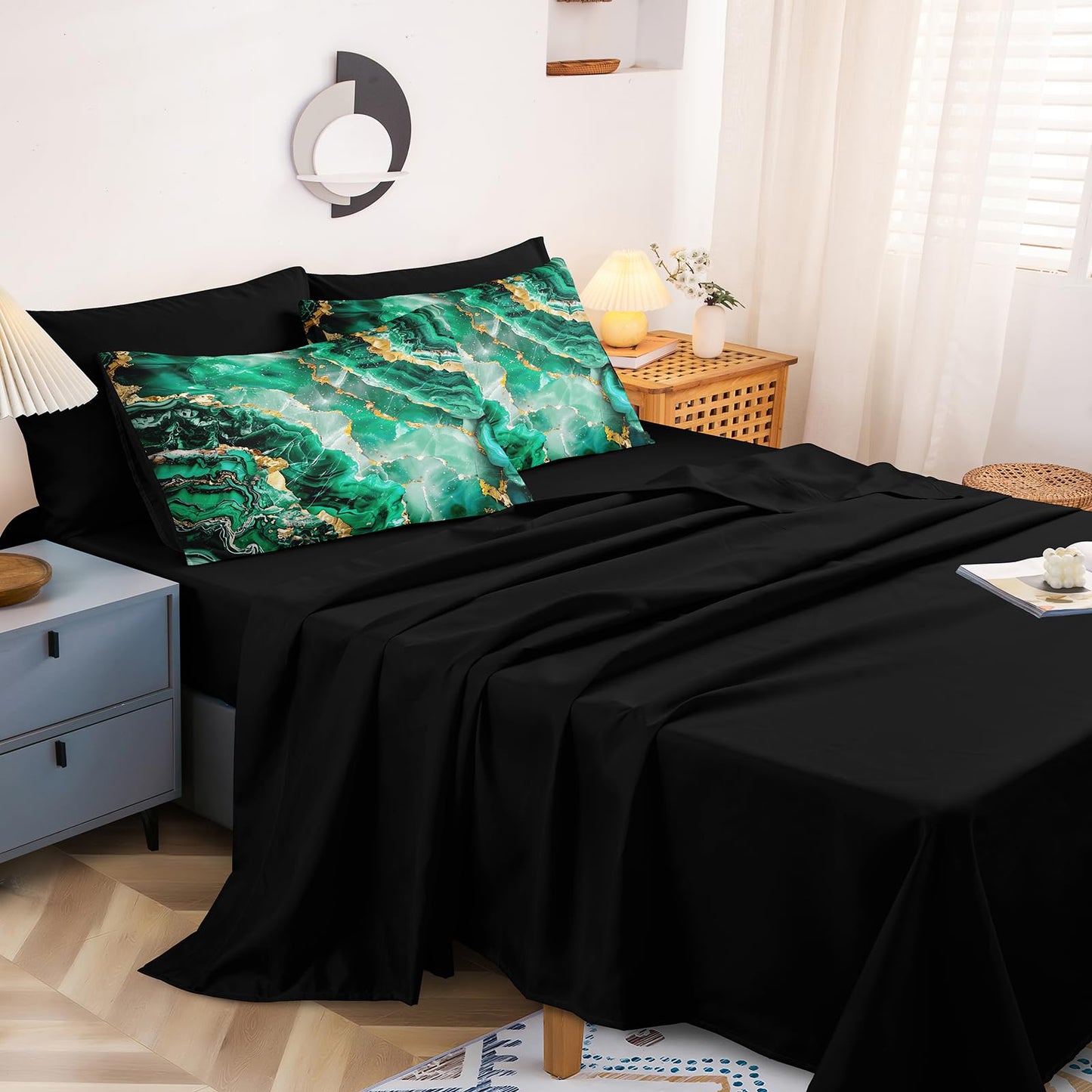 Bedbay Black Gold Comforter Set King Size Green Gold Marble Comforter 8 Pcs Emerald Green King Bed in a Bag Marble Bedding Set 1 Comforter 4 Pillowcases 1 Flat Sheet 1 Fitted Sheet 1 Cushion Cover