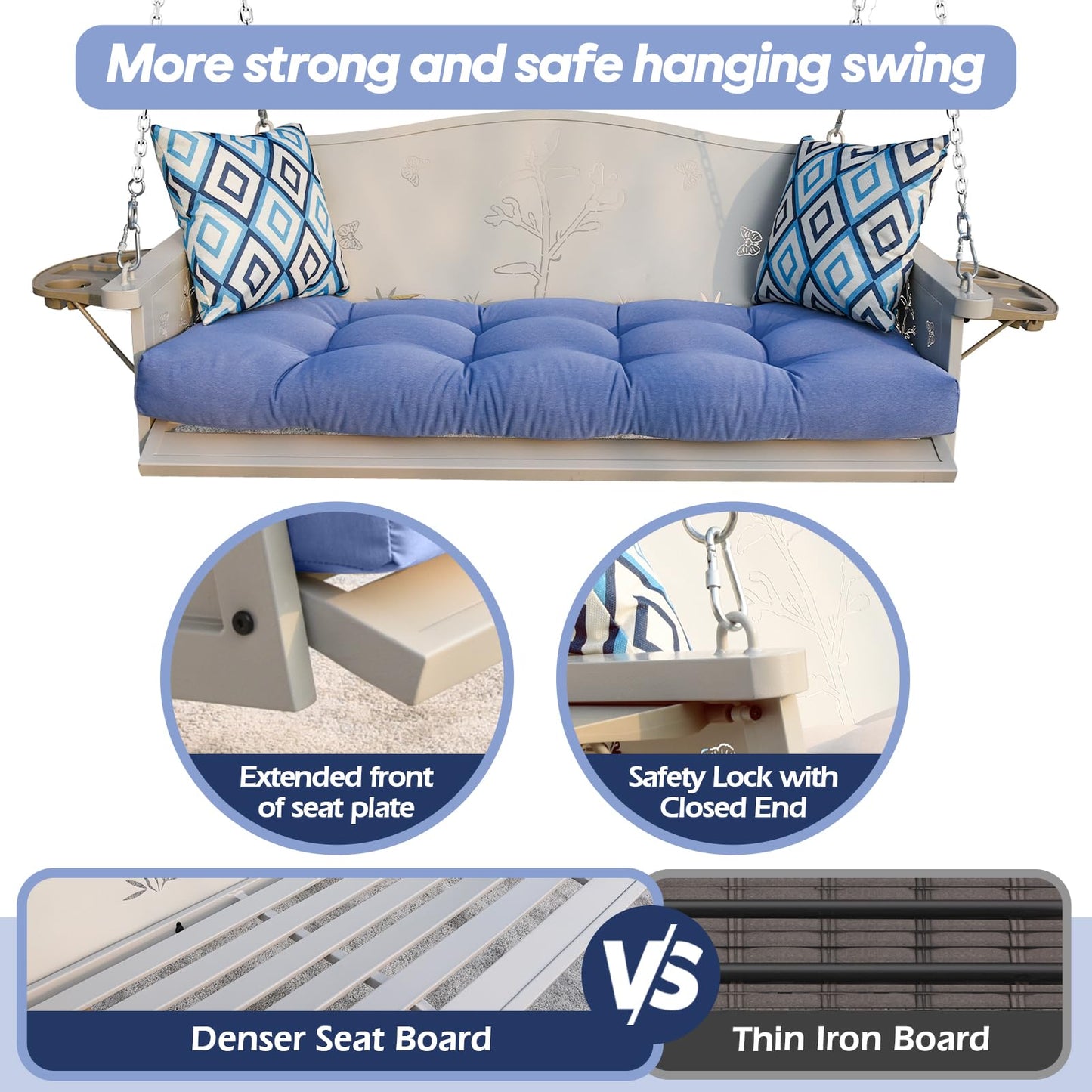 3-Seat Metal Porch Swing 900 LBS Heavy Duty Hanging Bench with Upgraded Tray & Cushions Rust-Resistant Finish Swing Chair with 8.9FT Chains for Patio Lawn Garden