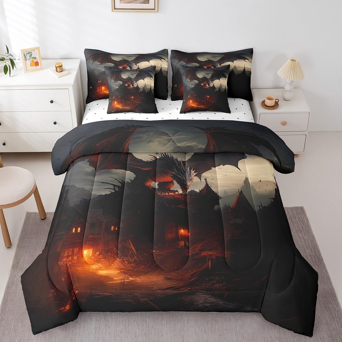 3D Dragon 7-Piece Bedding Set - Fierce Wildlife Queen Size - 1 Comforter, 1 Flat Sheet, 1 Fitted Sheet, 2 Pillowcases and 2 Pillow Shams