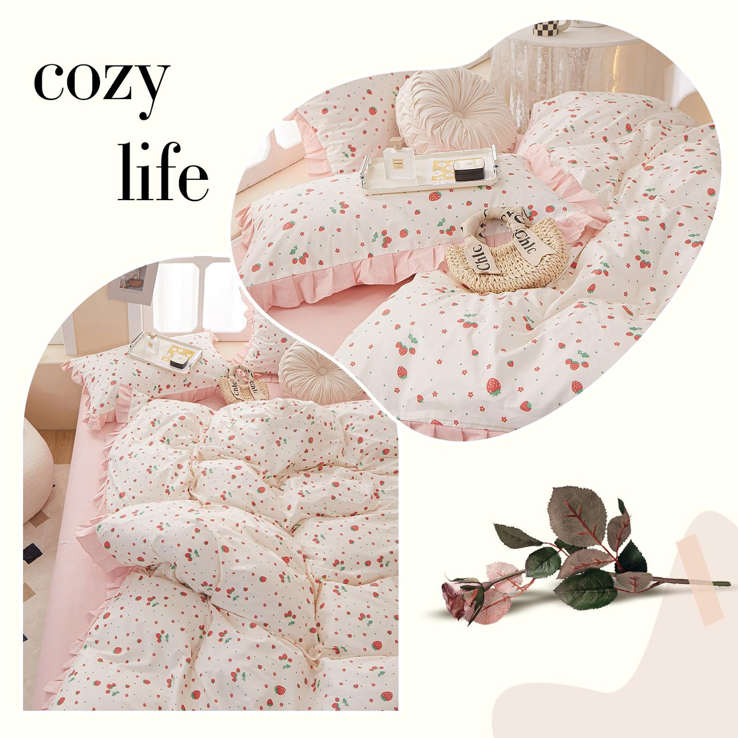 Kawaii Strawberry Comforter Set Queen Girls Ruffle Comforter Set 3 Pieces Floral Bedding Comforter Fluffy Soft Microfiber Fruit Strawberry Bedding Set Romantic Ruffled Comforter with 2 Pillowcases