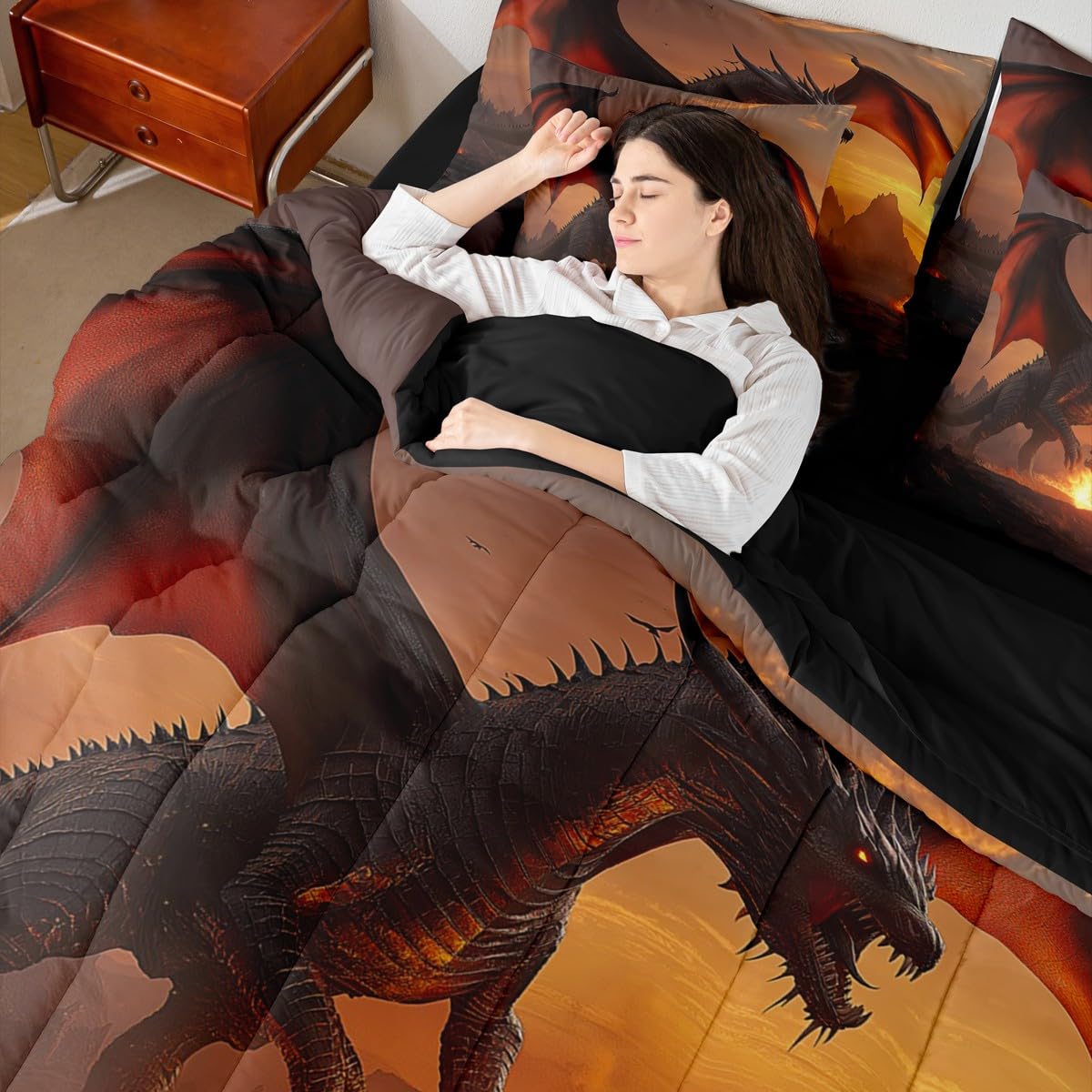 Erosebridal Fire Dragon Comforter Sets with Sheets - Wildlife Animal Theme Bedding Set Queen for Boys Girls 3D Wild Animal 7Pcs Bed in A Bag Fierce Dragon Bed Set