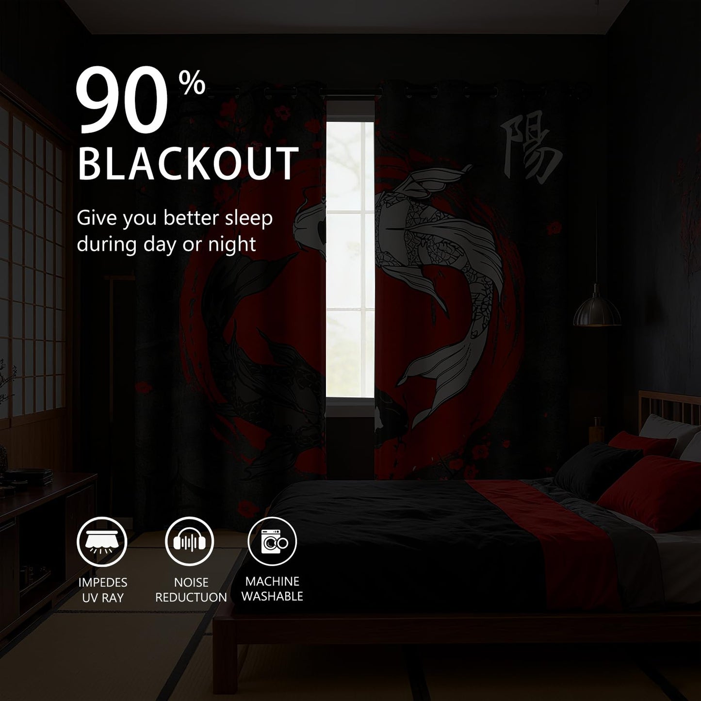 Sanzugh Japanese Anime Blackout Curtains 84 Inch Long 2 Panels Set, Cool Black and Red Yin Yang Black Out Patterned Printed Window Curtain for Men Boys Bedroom Living Room, Grommet Window Drapes