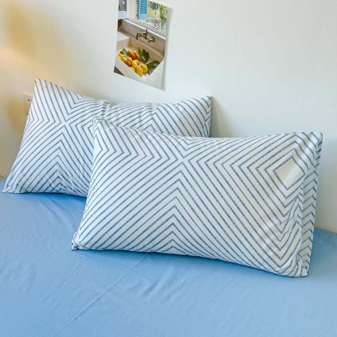 LIWHENHAO Geometric Duvet Cover Set Queen 100% Cotton Bedding Blue Chain Striped Checked on White 1 Abstract Line Comforter Cover Full 2 Pillowcases for Kids Girls Boys Woman