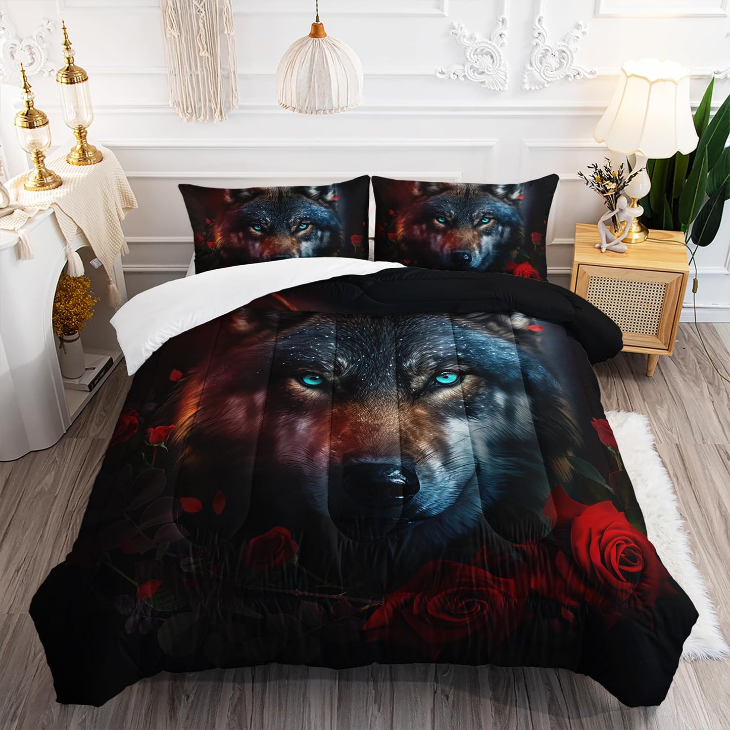 AILONEN Wolf Comforter Set - Queen Size, Red Rose & Brown Animal Duvet Set for Boys & Girls - 3 Pieces: 1 Quilt, 2 Pillowcases