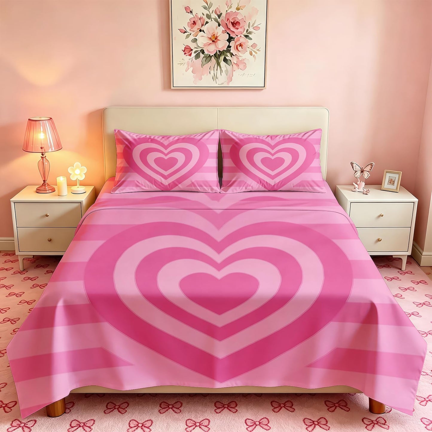 Pink Heart Striped Queen Bedding Set Retro 70s Sheet Sets