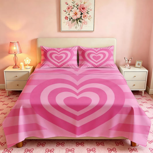 Pink Heart Striped Queen Bedding Set Retro 70s Sheet Sets
