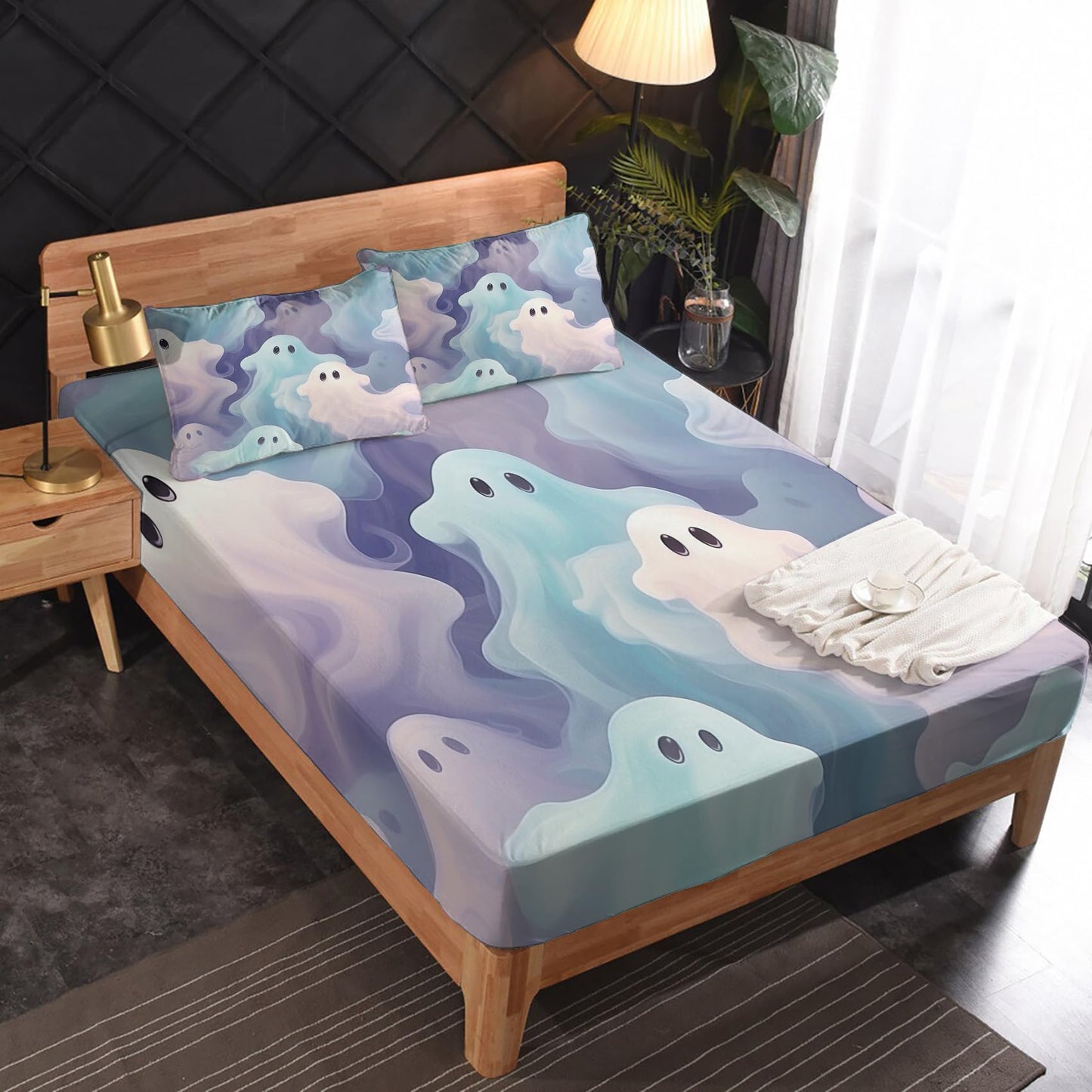 Rejkxyw King Size Sheets Set Cute Ghost - Cartoon Bed Sheets - Kids Boys Girls Sheet Set - 12 Inch Deep Pocket - Ultra Soft Winkle Free Microfiber Bedding Sheets & Pillowcases 4 Piece