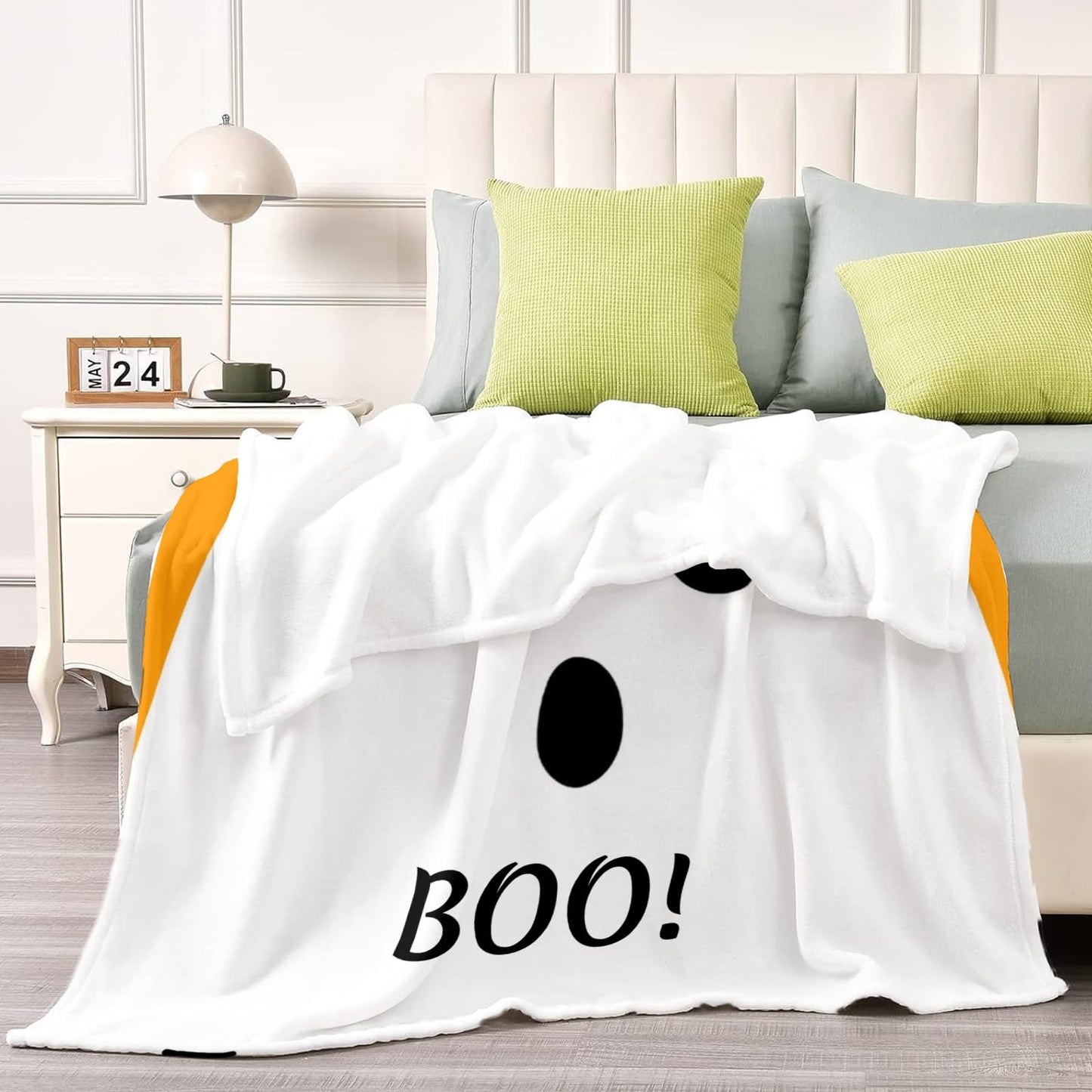 Ghost Throw Blanket Halloween, Personalized Blanket with Text Name, Super Soft Blankets for Couch Bed Sofa, Orange, 50" x 60"