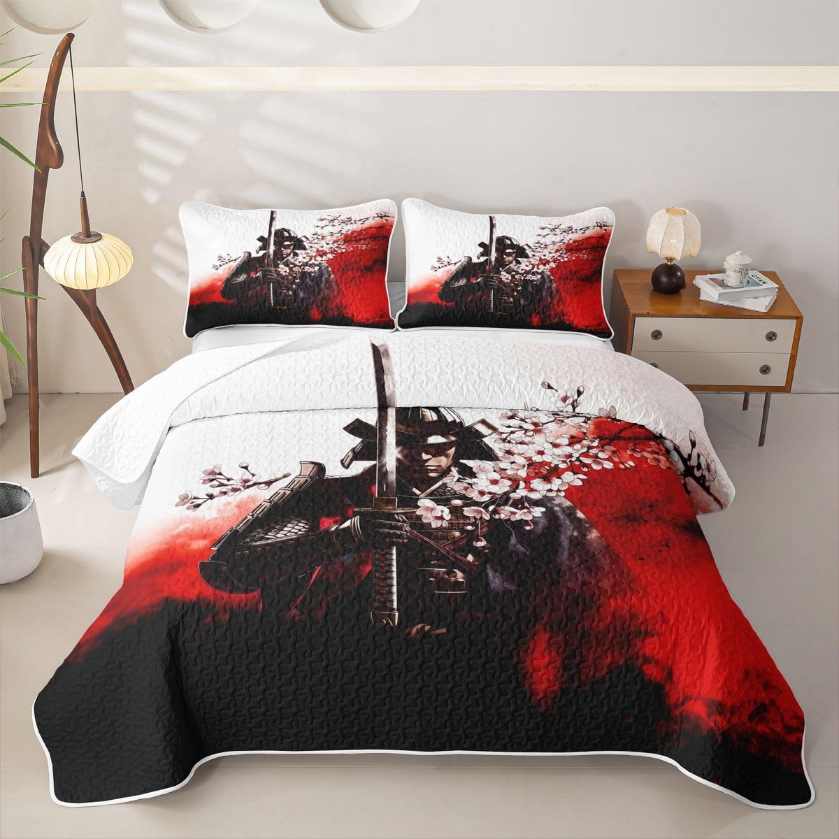 Erosebridal Japanese Samurai Quilts Twin Size - Japan Warrior Bedspread Coverlet Set, Cherry Blossom Quilt Coverlets 2Pcs (Only 1 Pillowcase)