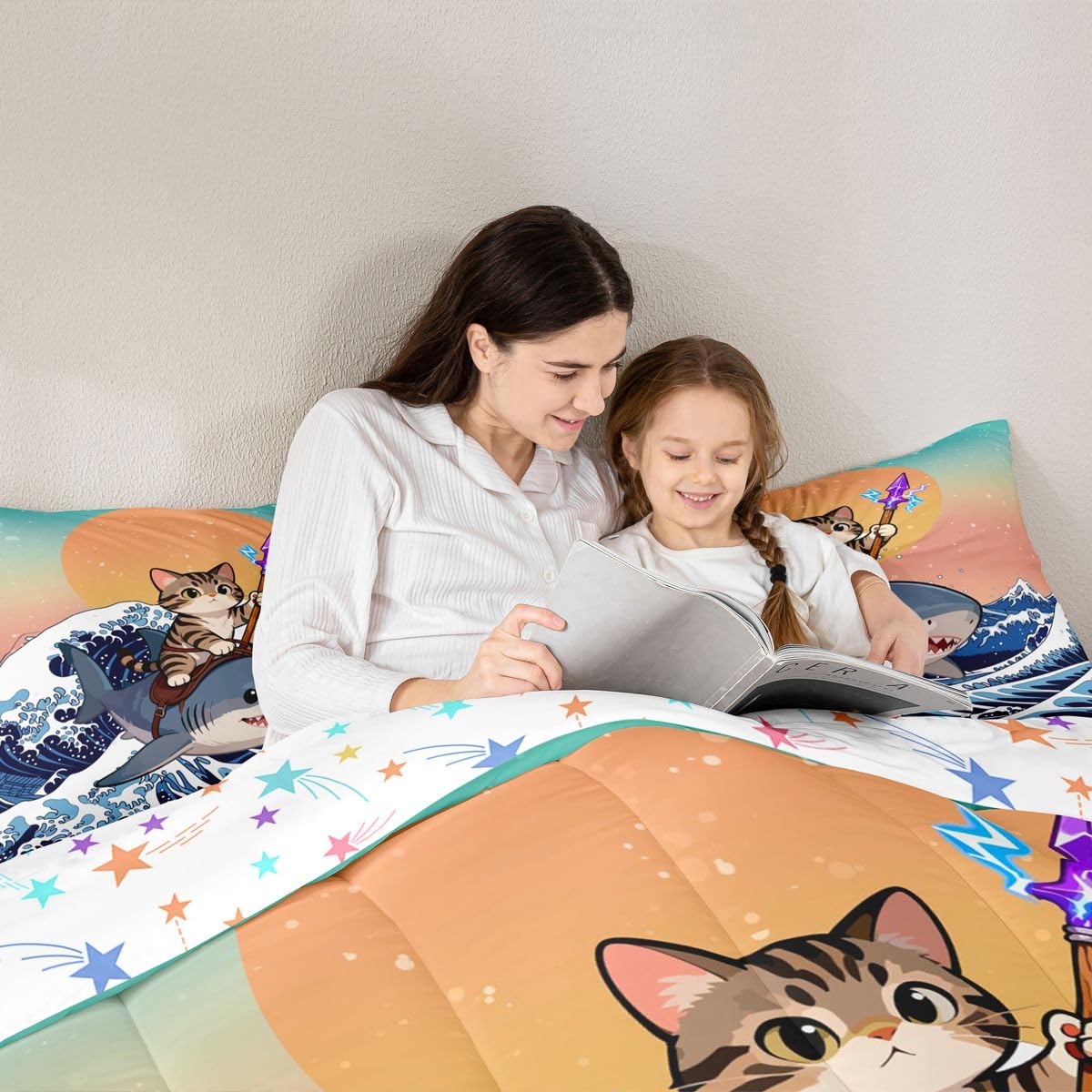 Erosebridal Kawaii Cute Cat Comforter Set Under Sea Shark Japanese Girl Toddler Bedding Set for Kids Teens Child Blue Ocean Waves Ukiyoe Comforter Gradient Sunset Sky Quilt