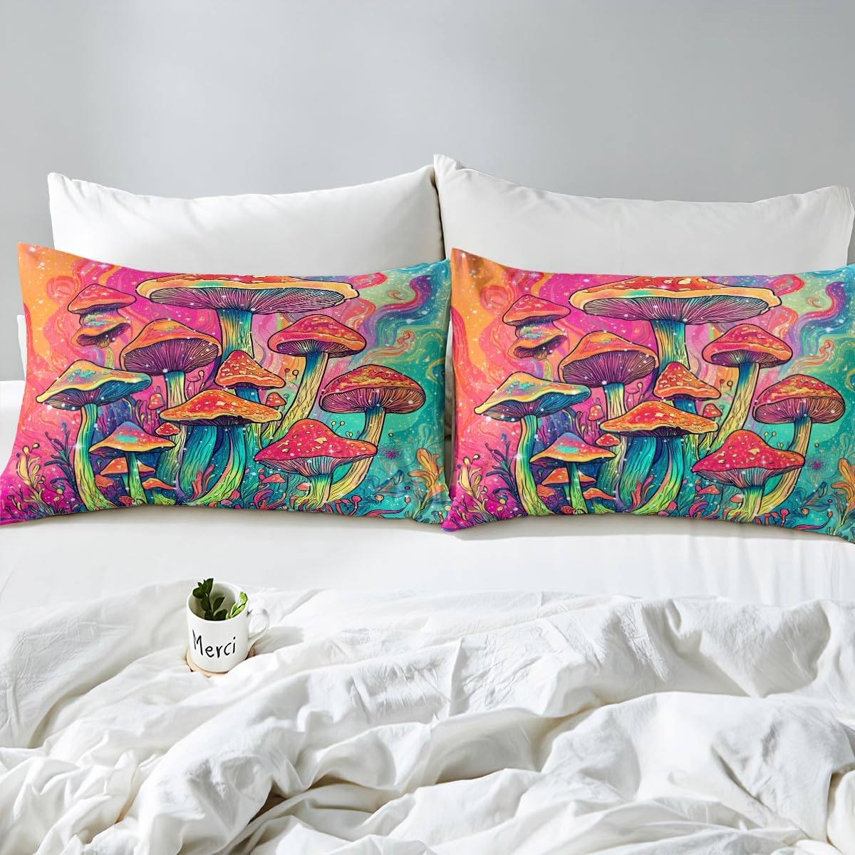 Feelyou Cute Mushroom Decor Bed Sheets Set Cartoon Mushrooms Sheet Set for Kids Boys Girls Teens Colourful Fungus Sheets with Deep Pocket Fitted Sheet Queen Size Wild Mushroom Stuff Bedding Set 4Pcs