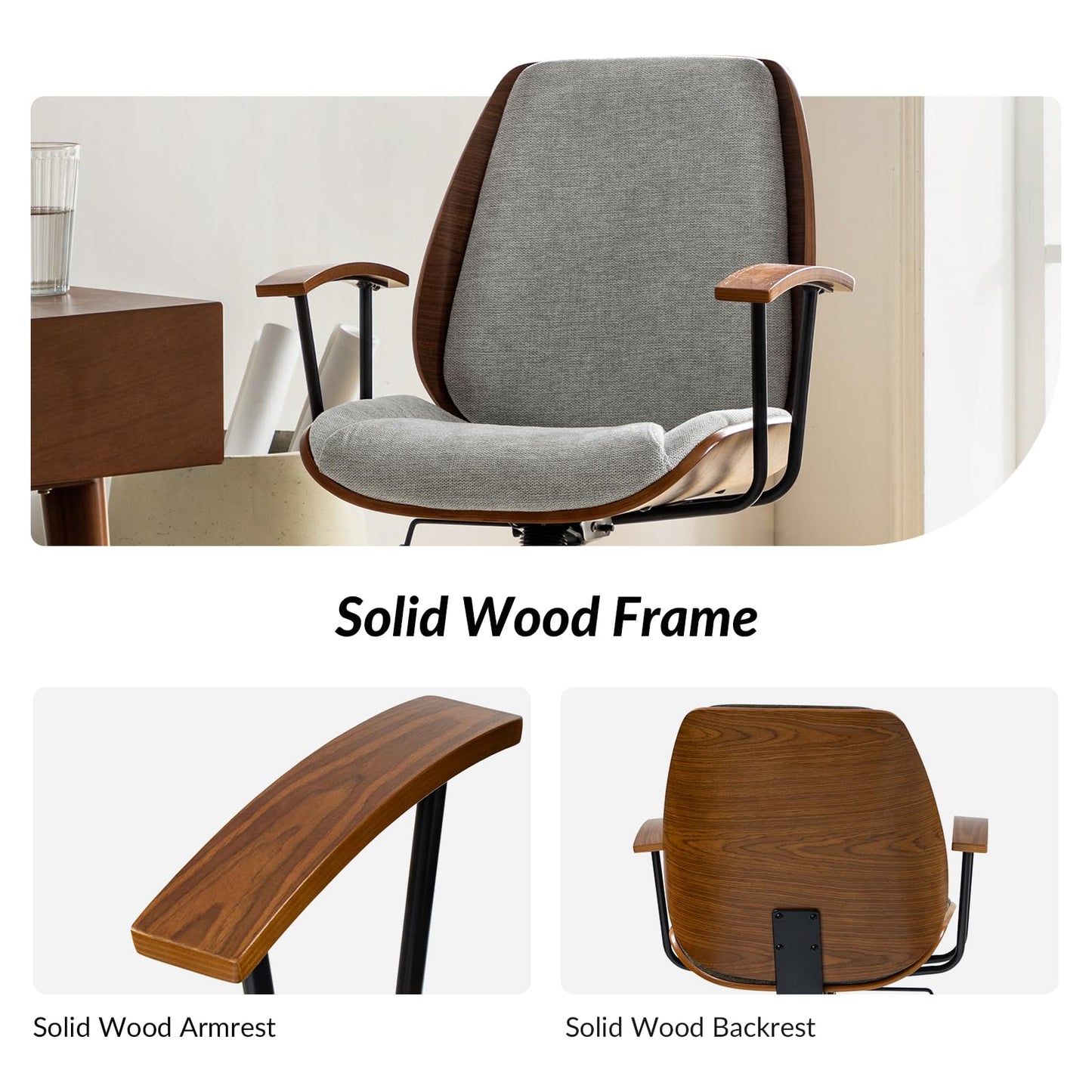 HULALA HOME Solid Wood Office Chair with Rocking Function, Comfy Fabric Desk Chair with Bent Wood and Metal Base, Height Adjustable Swivel Computer Task Chair, Grey