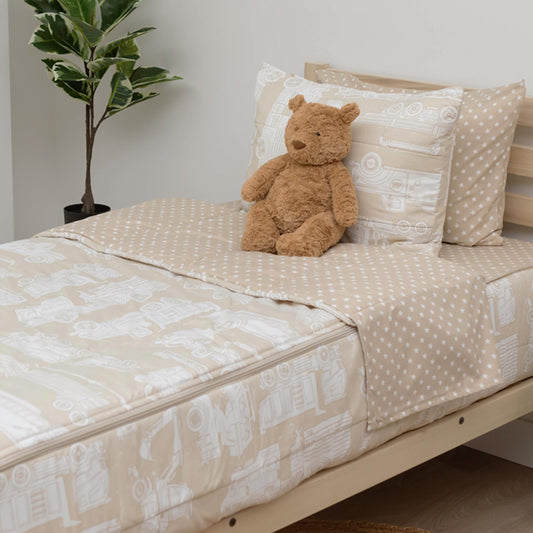 Beddy's Mack Trucks Theme Durable Zipper Bedding for Kids - Bed in a Bag - Tan Sheets & Comforter with Construction Trucks & Cars - Includes Pillowcase & Sham - Easy to Make & Wash - Twin
