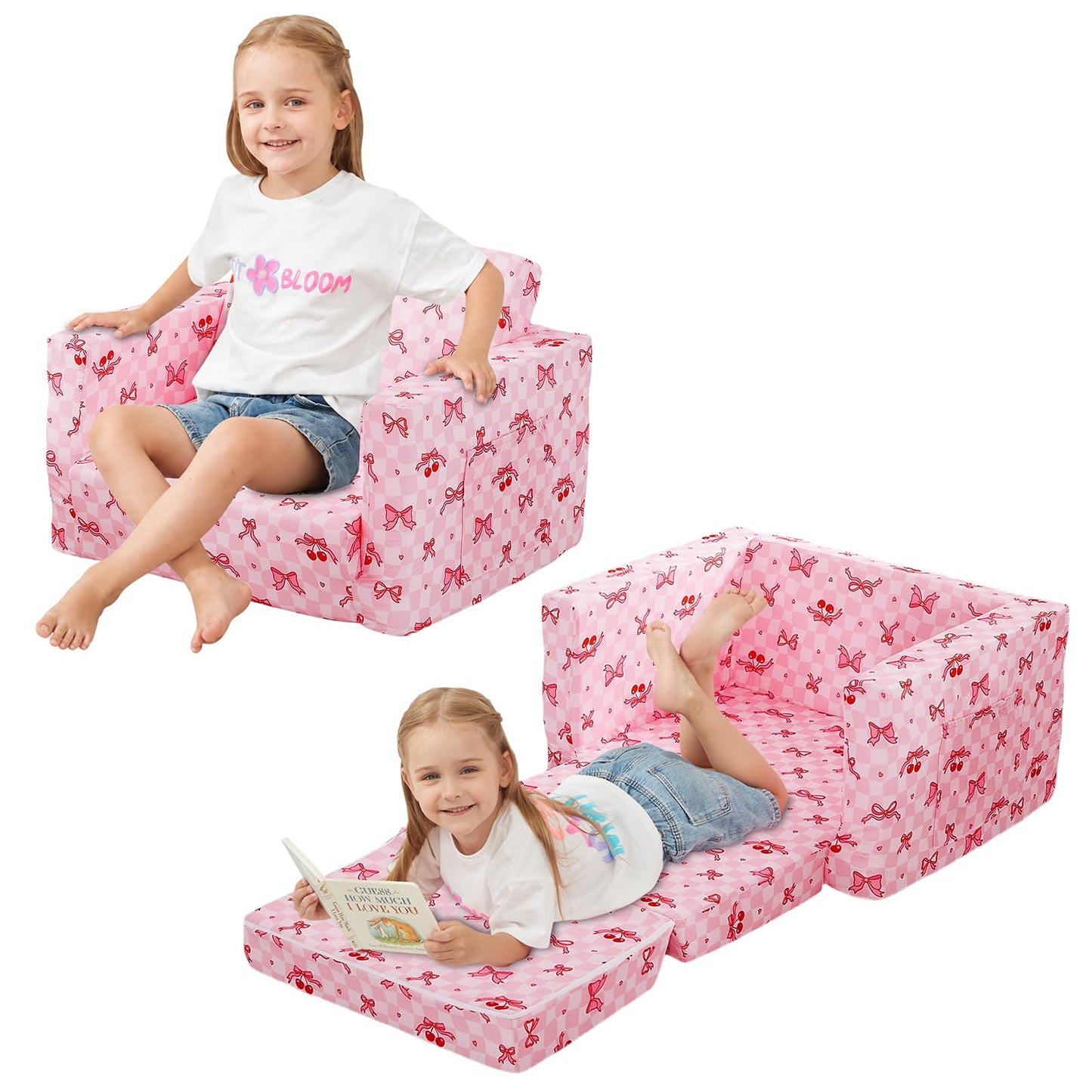 Viviland Toddler Chair, 2-in-1 Kids Couch Bed, Toddler Chairs Comfy 1-3 Years Old Fold Out Convertible Soft to Lounger, Pink Checkerboard Butterfly Bow and Cherry Baby Couch
