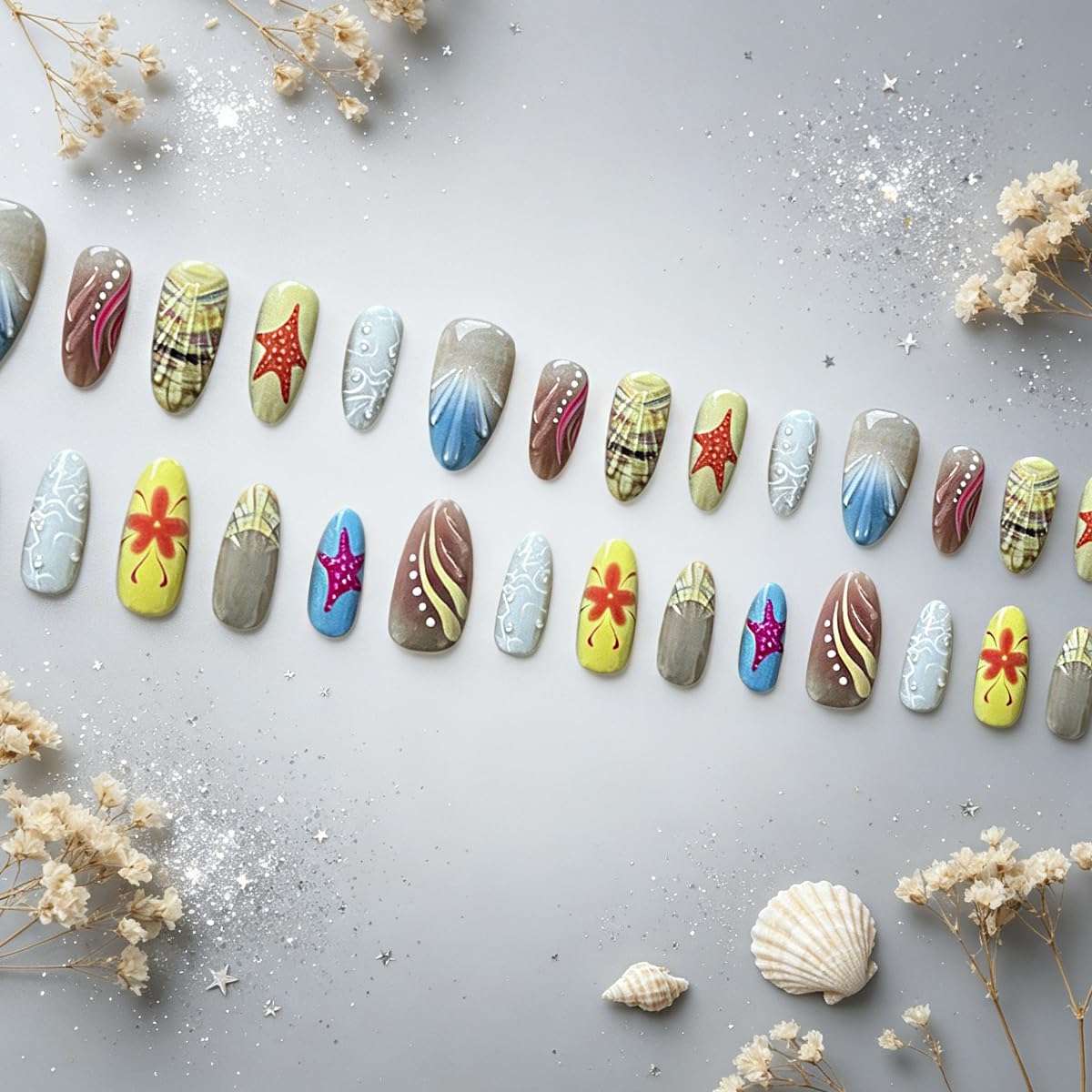 3D Press On Nails Almond Medium Fake Nails with Cat's Eye Embossed Starfish&Lines Summer Beach Designs, Acrylic Artificial Nail Press ons False Stick On Nails for Women Girls 30Pcs