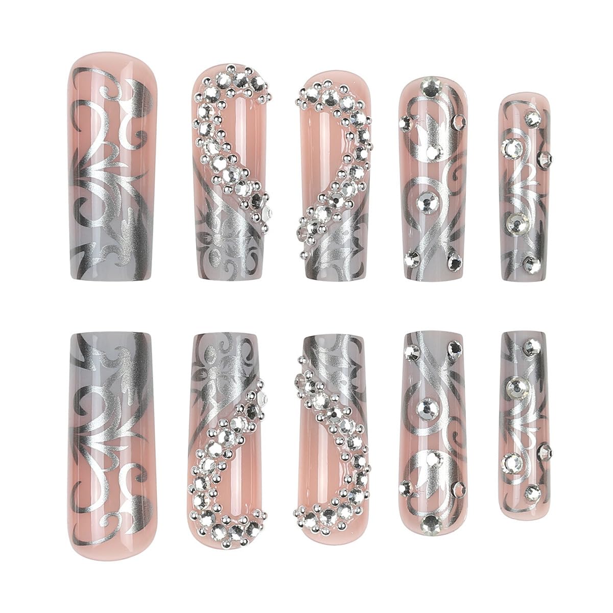 24Pcs Long Press on Nails Luxury Rhinestone Fake Nails French Glue On Nail with Sparkly Rhinestones Gem Silver Lines Designs Shiny Acrylic False Nails for Women Manicure Decoration