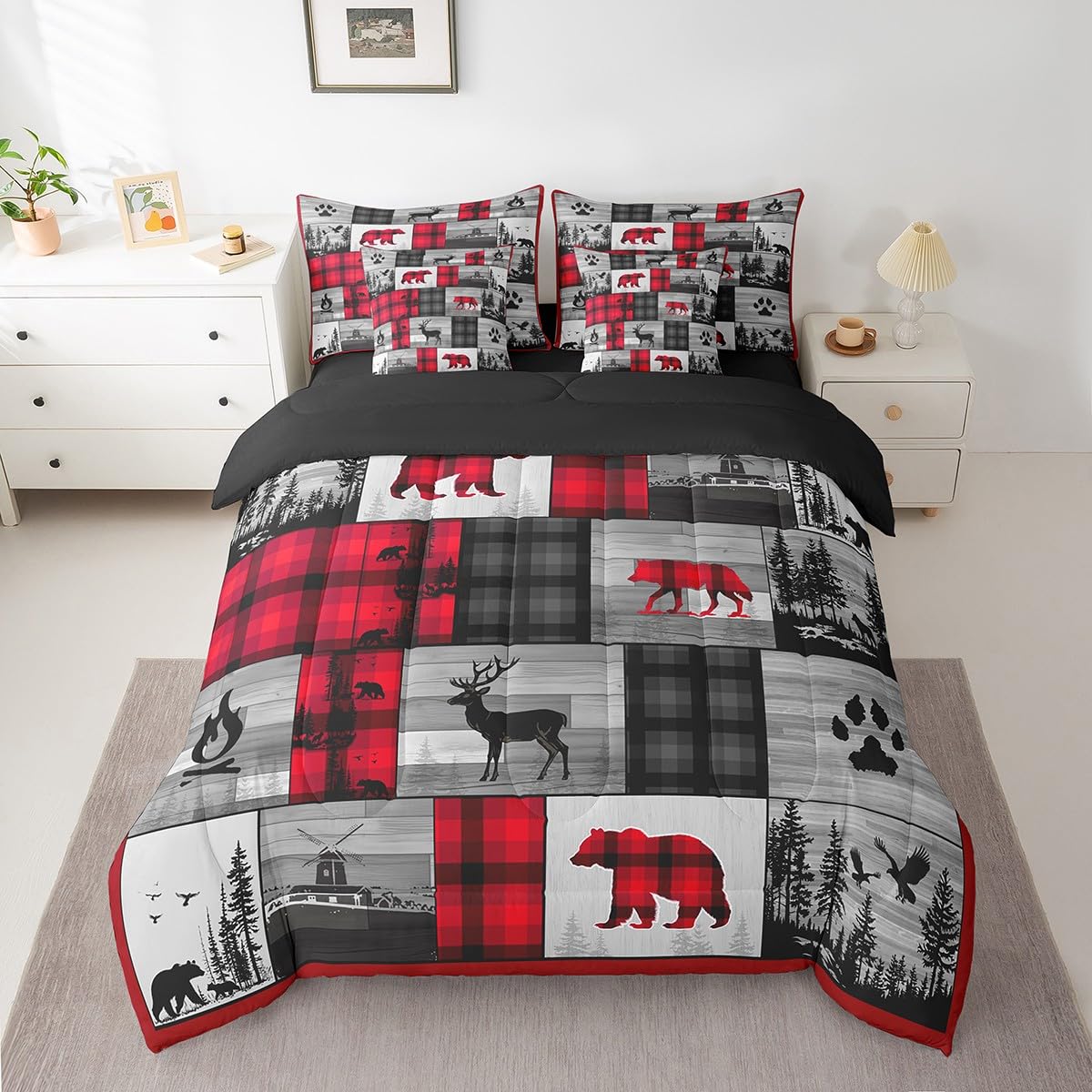 Feelyou Rustic Bear Comforter Set 7 Pieces Twin Size Kids, Deer Hunting Wood Cabin Bedding Set Boys Girls, Wildlife Hunting Theme Bed in a Bag,Comforter + Sheets + Pillowcases + Cushion Covers