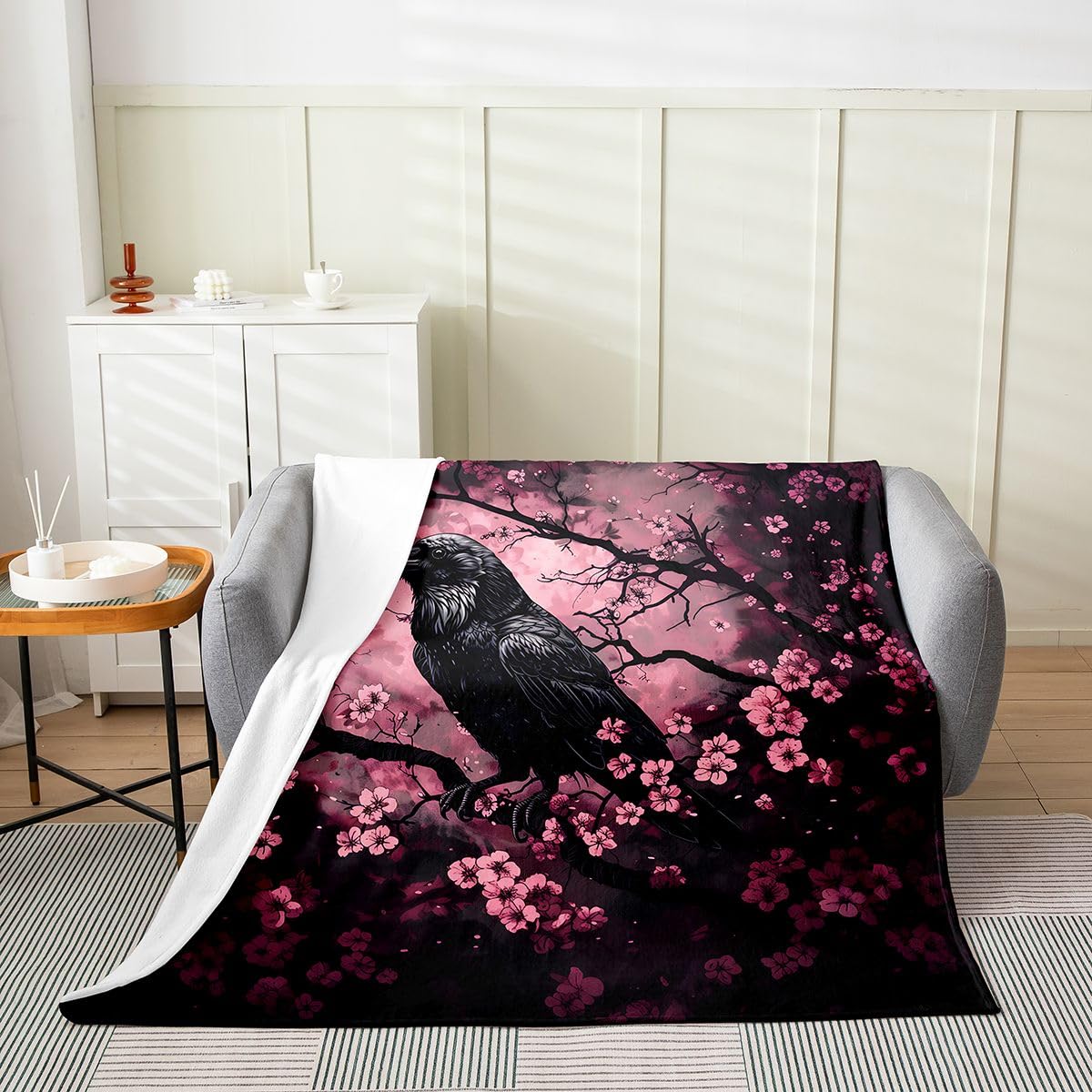 Feelyou Crow Plush Throw Blanket Halloween Themed Flannel Blanket Throw 50"x60" Cherry Blossoms All Season Trick or Treat for Couch Bed Sofa Goth Bedroom Decor