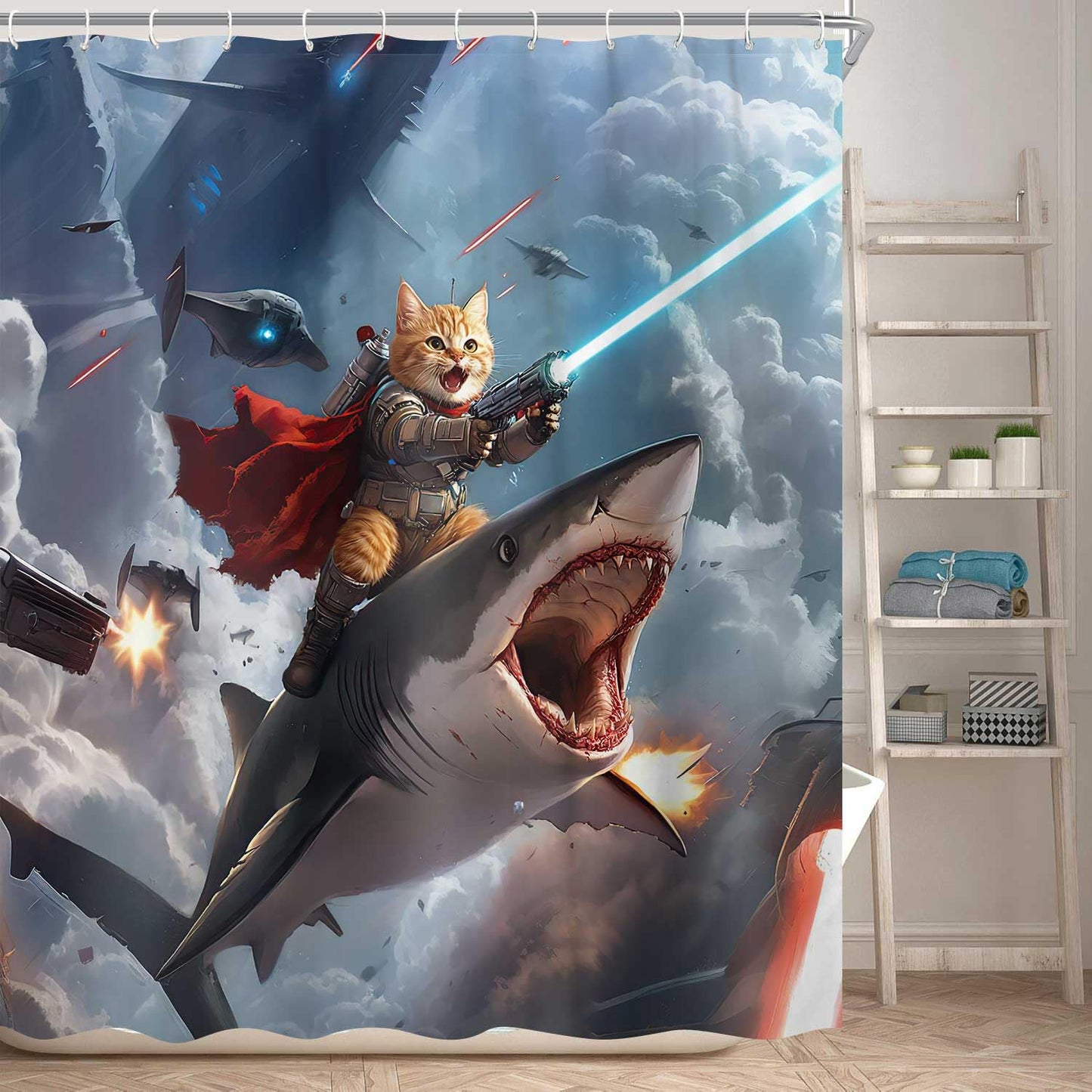 Dizifinn Funny Shower Curtain, Hilarious Cool Cat Shower Curtain, Blue Cool Cat Riding Shark Ocean Wave Shower Curtain for Bathroom, Funny Kids Boy Shower Curtain Sets, with Hooks 72x72 Inch