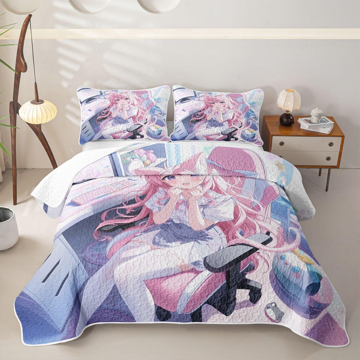 Erosebridal Kawaii Japanese Girl Quilt Twin Size - Cartoon Anime Bedspread Girls Gamer Bed Coverlet with 1 Pillowcase