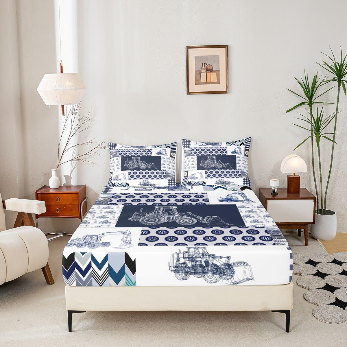 Kids Construction Sheet Set Full Size Equipment Trucks Bed Sheets Set Cartoon Car Excavator Tractor Sheets with Deep Pocket Fitted Sheet Construction Vehicles Plaid Grid Blue and White Bedding Set
