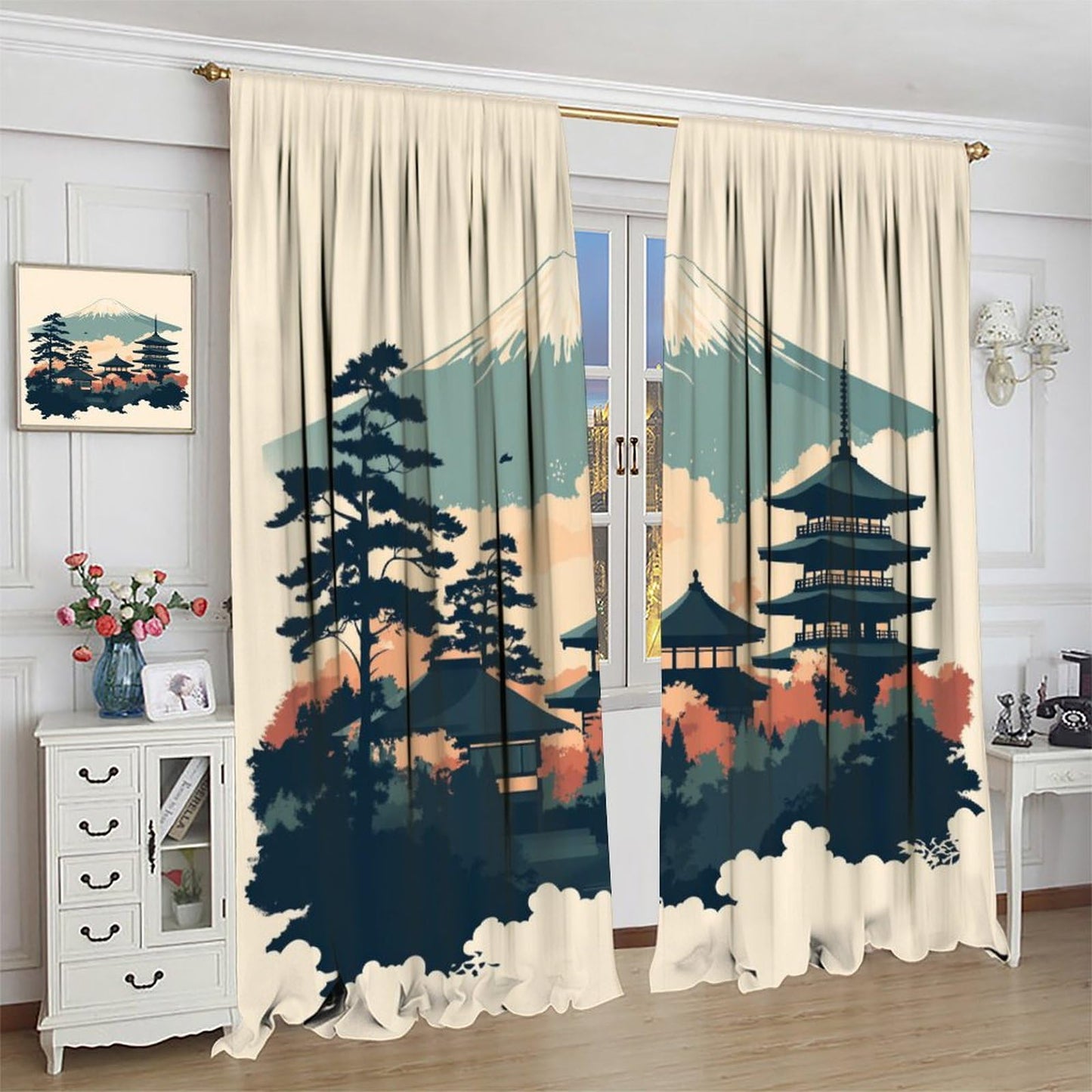 DIPQIMI Ancient Architecture Mountain Blackout Curtains for Bedroom/Living Room, Tree Natural Landscape Curtains Rod Pocket Thermal Insulated Window Drapes, 2 Panels/Each 21" W x 45" L
