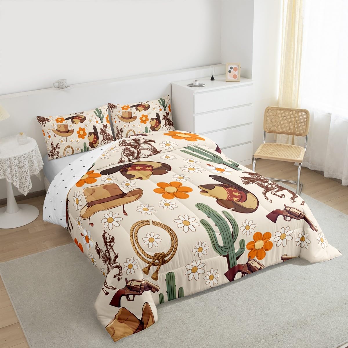 Feelyou Western Comforter Set All Season Cowgirl Floral Bedding Set with 2 Pillow Cases Western Cowboy Boots Kids Full Bedclothes Wild West Cactus Flower Bedroom Decor Pale Beige Duvet Quilt Soft