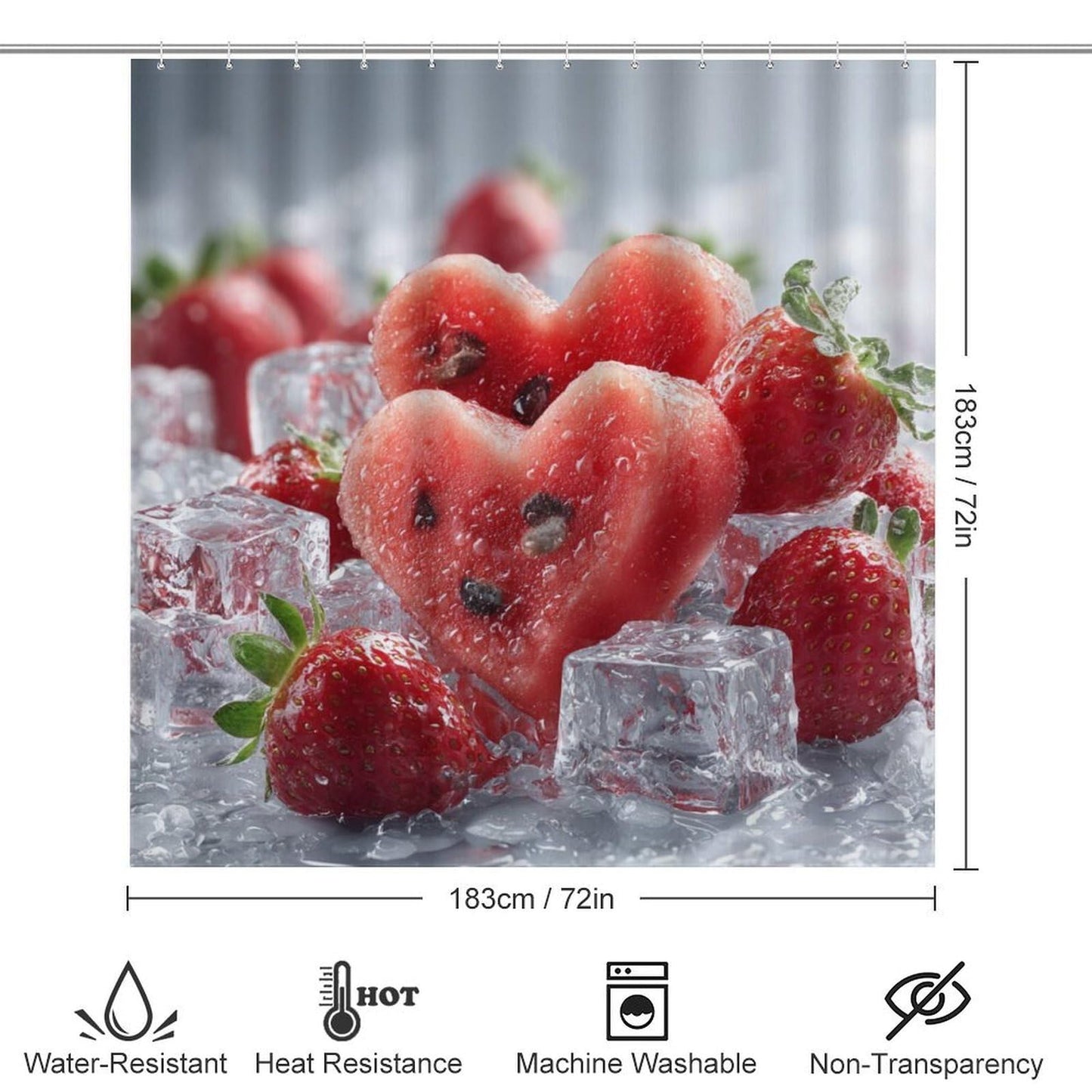 INSFBRB Rustic Colorful Watermelon Shower Curtain Sets with Rug,Toilet Lid Cover and Bath Mat,Realistic Modern Summer Ice Cubes Fruit Watermelon Strawberries 4 Piece Bathroom Set