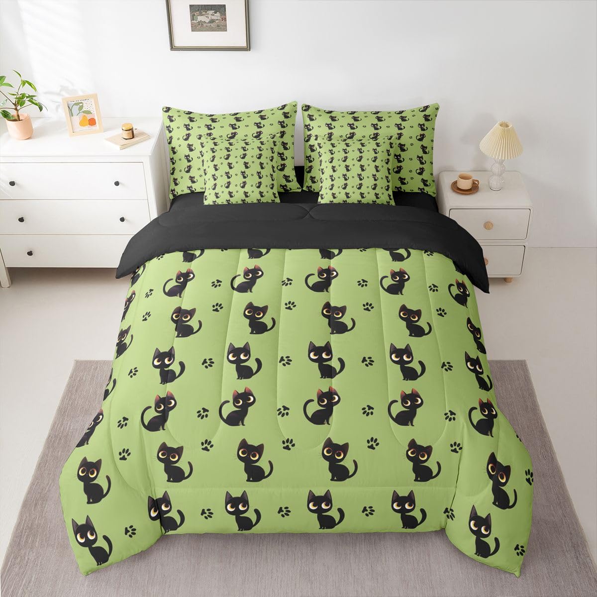 Cute Black Cat 7-Piece Bedding Set Full Size for Kids Boys Girls (Green Black) - Funny Cute Kitten Bed in a Bag Cartoon Black Cats Comforter Set with Sheets Kawaii Cat Paw Print Duvet Insert