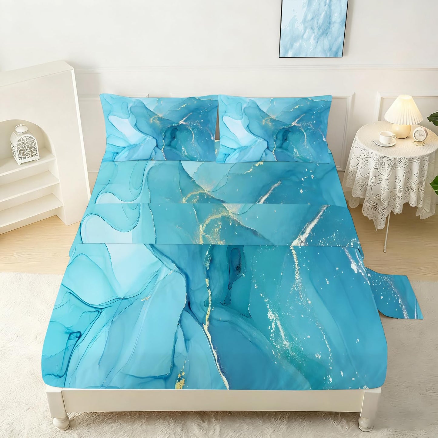 VTKON Kids Twin Blue Marble Sheets Set Aesthetic Blue Gold Marble Bedding Set Boys Girls Soft Microfiber Bed Sheet Includes 1 Fittde Sheet, 1 Flat Sheet and 1 Pillowcase