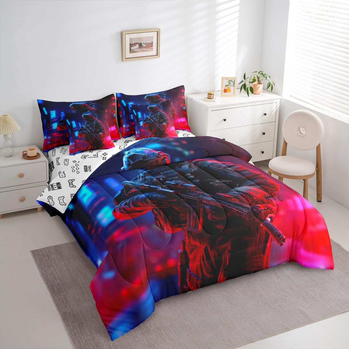 jejeloiu Soldier Comforter Set Twin Size 7 Pieces Army Rifle Machine Gun Bedding Set for Kids Boys Girls Military Themed Bed in a Bag Bedroom Decor All Season Quilted Breathable Soft Lightweight