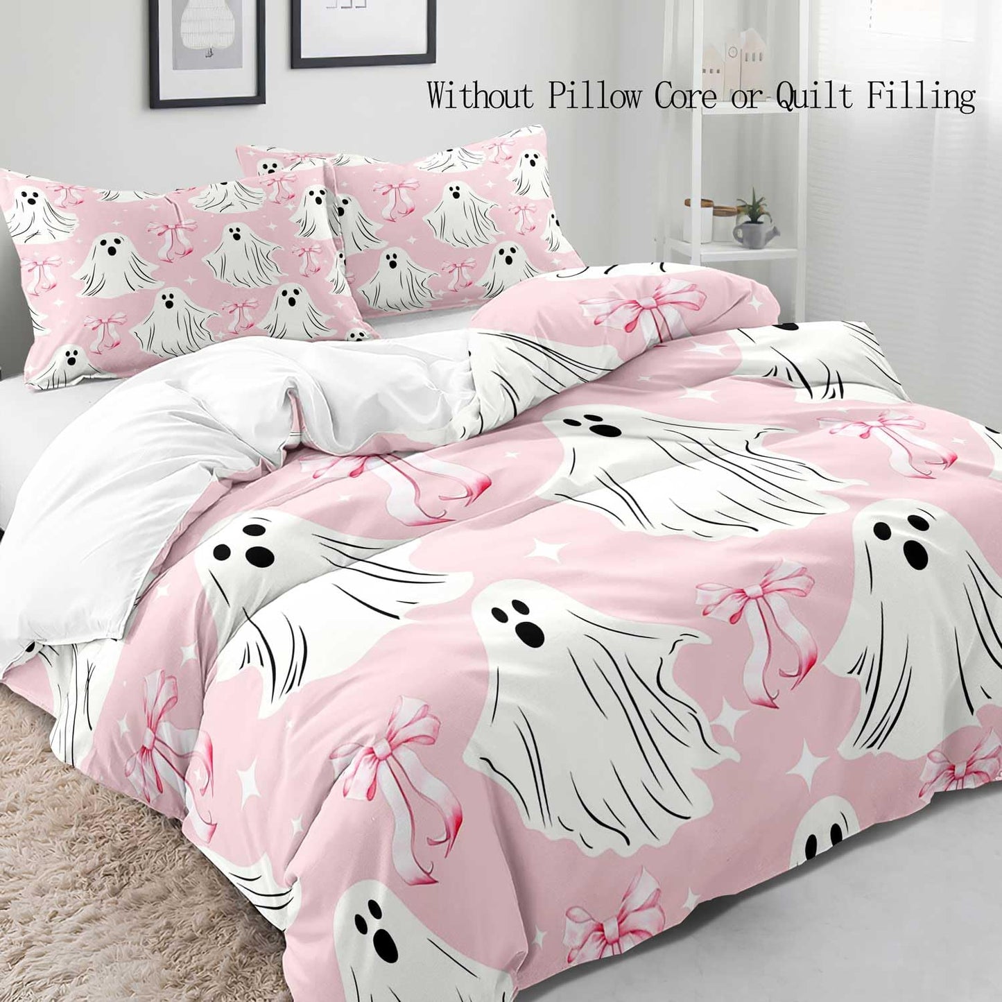 LUVIVIHOME 3PCS Cute Bow Ghost Duvet Cover Queen Bedding Sets, Teen Girls Bedding, Light Pink Duvet Cover, Spooky Halloween Comforter Cover, Coquette Room Decor Aesthetic, Bed in a Bag, 2 Pillow Cases