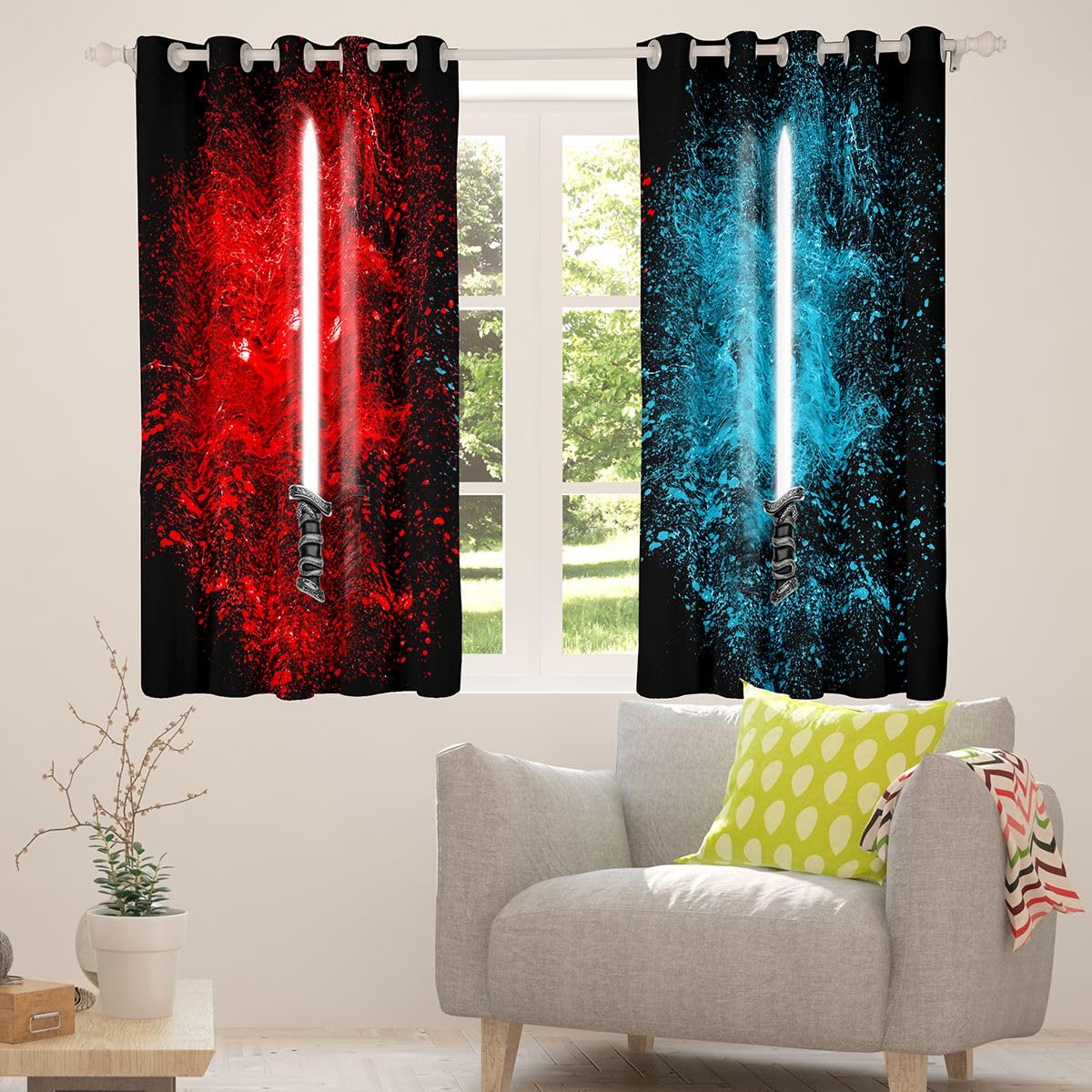 Feelyou Lightsaber Curtains Red Blue Tie Dye Curtains for Bedroom Living Room for Kids Boys Teens Future Technology Windows Drapes Soft Durable Washable Room Decoration,42 X 63 Inch,2 Panels