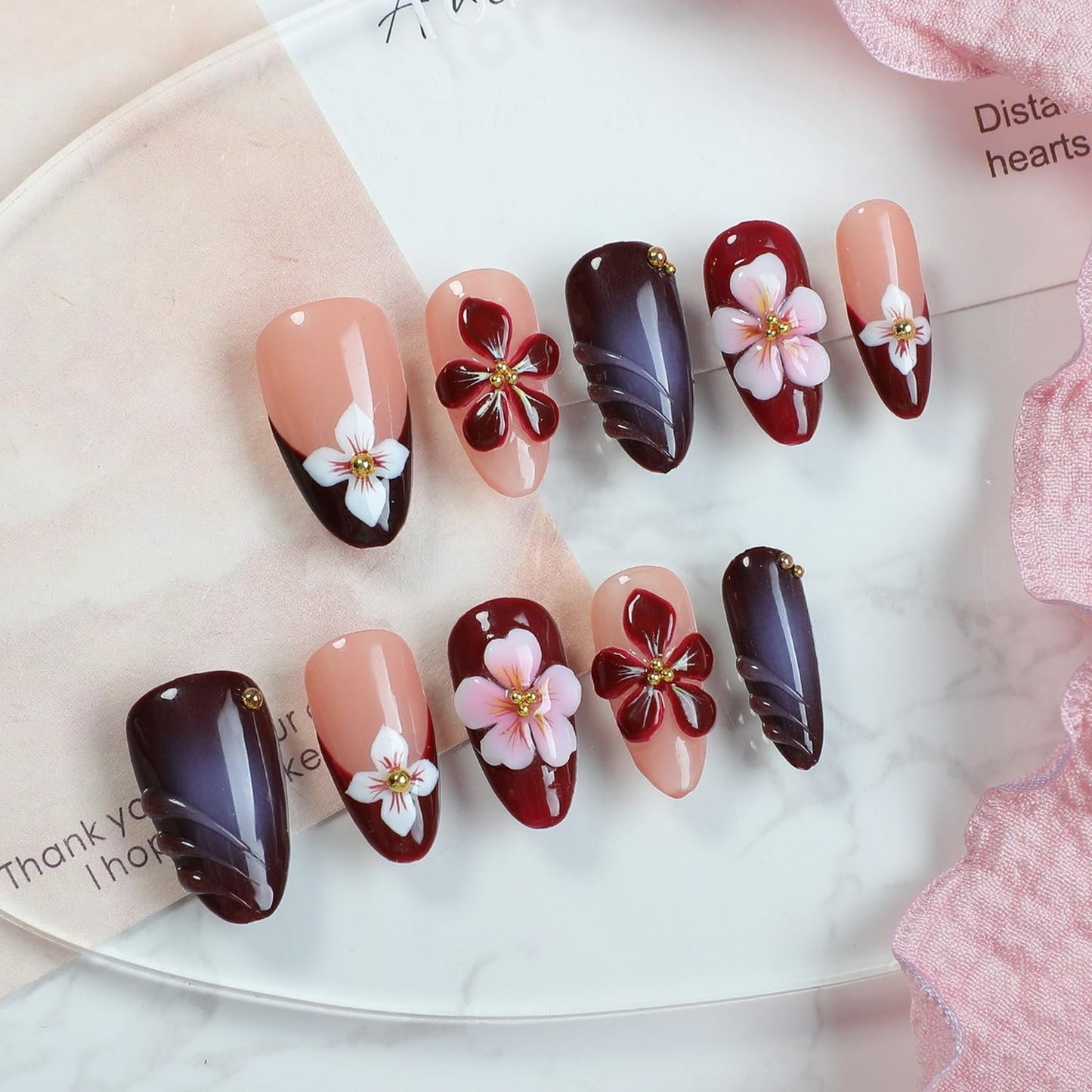 Flower Press on Nails Handmade Press on Nails 3D Floral Embossed and Golden Steel Ball Designs Medium Almond Fake Nail French False Nails Thick Acrylic Nail Stick on Nails for Women（Size S)