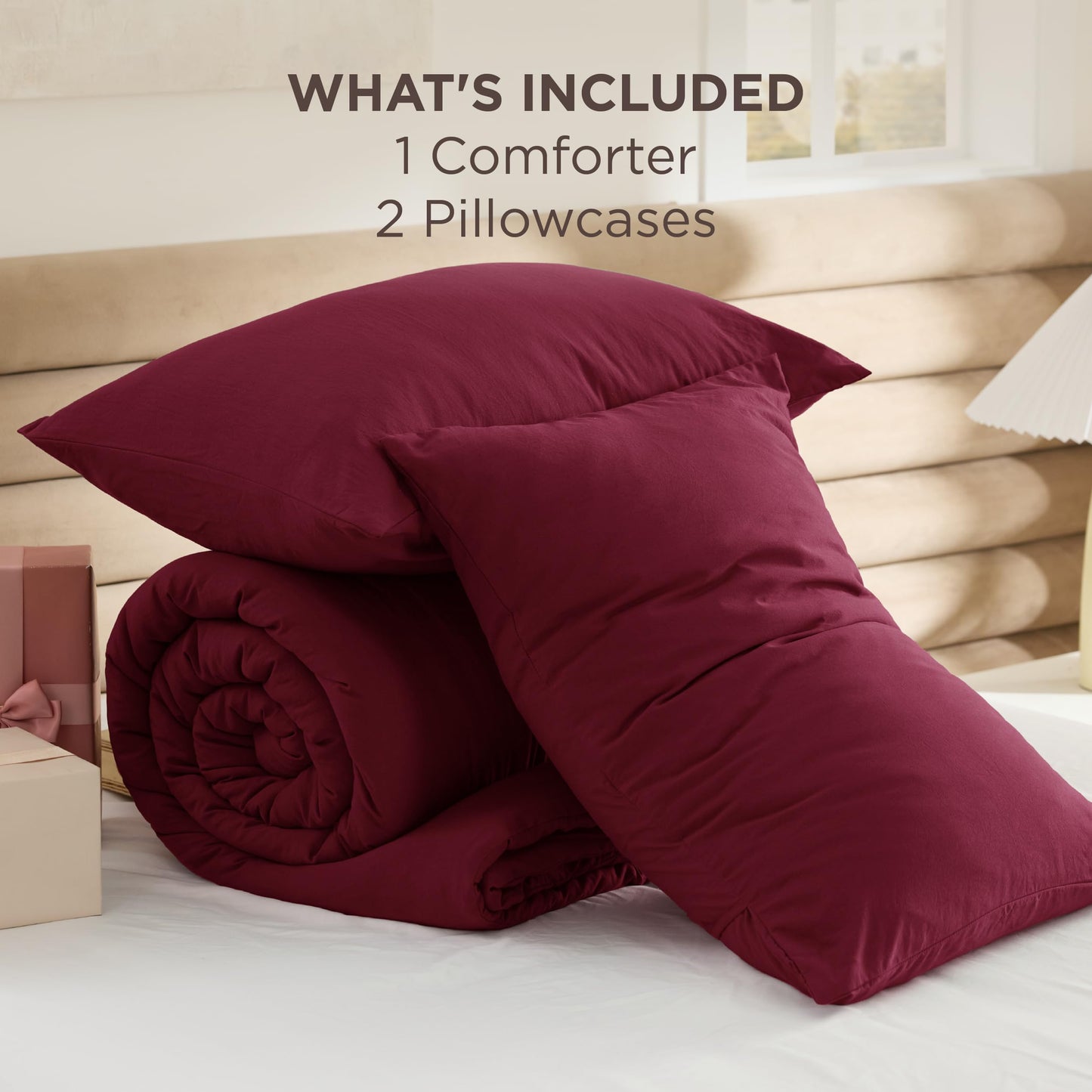 Bedsure Queen Comforter Set, Dark Red Soft Prewashed Bedding for All Seasons, 3 Pieces GentleSoft™ Bed Set, 1 Lightweight Comforter (90"x90") and 2 Pillowcases (20"x26")