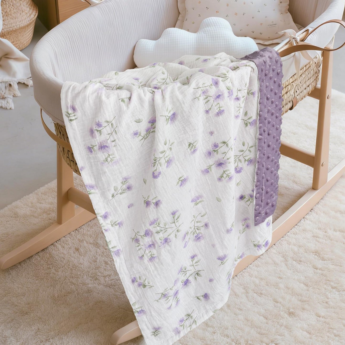 BOPRIO Baby Blankets for Unisex Boys Girls Super Soft Nursery Minky Blankets with Breathable Muslin Cotton Front and 3D Touch Dotted Fleece Backing, Floral Printed Bed Throws Newborn 30 x 40 Inch