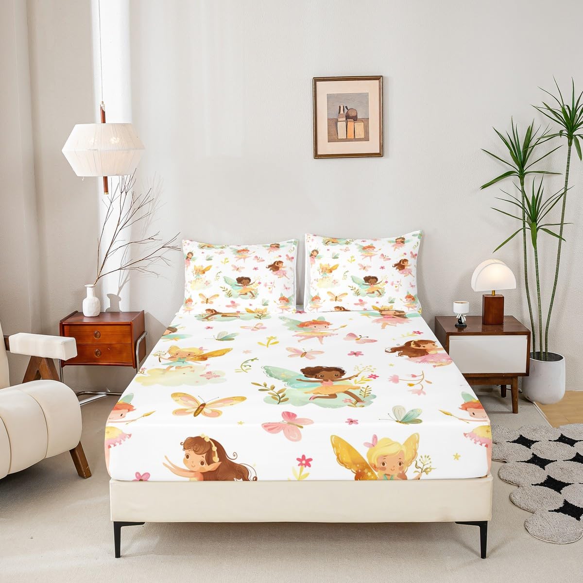 Erosebridal Fairy Twin Fitted Sheet for Girls - Butterfly & Floral Bedding Set for Kids, Cute Pink Flower Fairies Garden Bottom Sheets Only | Girly Princess Bed Set 2 Piece Bedroom Decor