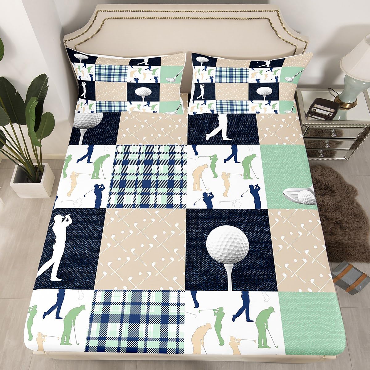 Castle Fairy Golf Plaid Bed Sheet Set King Size,Ball Sports Lover Style Deep Pocket Fitted Sheet,1 Flat,2 Pillowcases,Green Buffalo Grid Geometric Bed Mattress Cover, Bedroom Decor